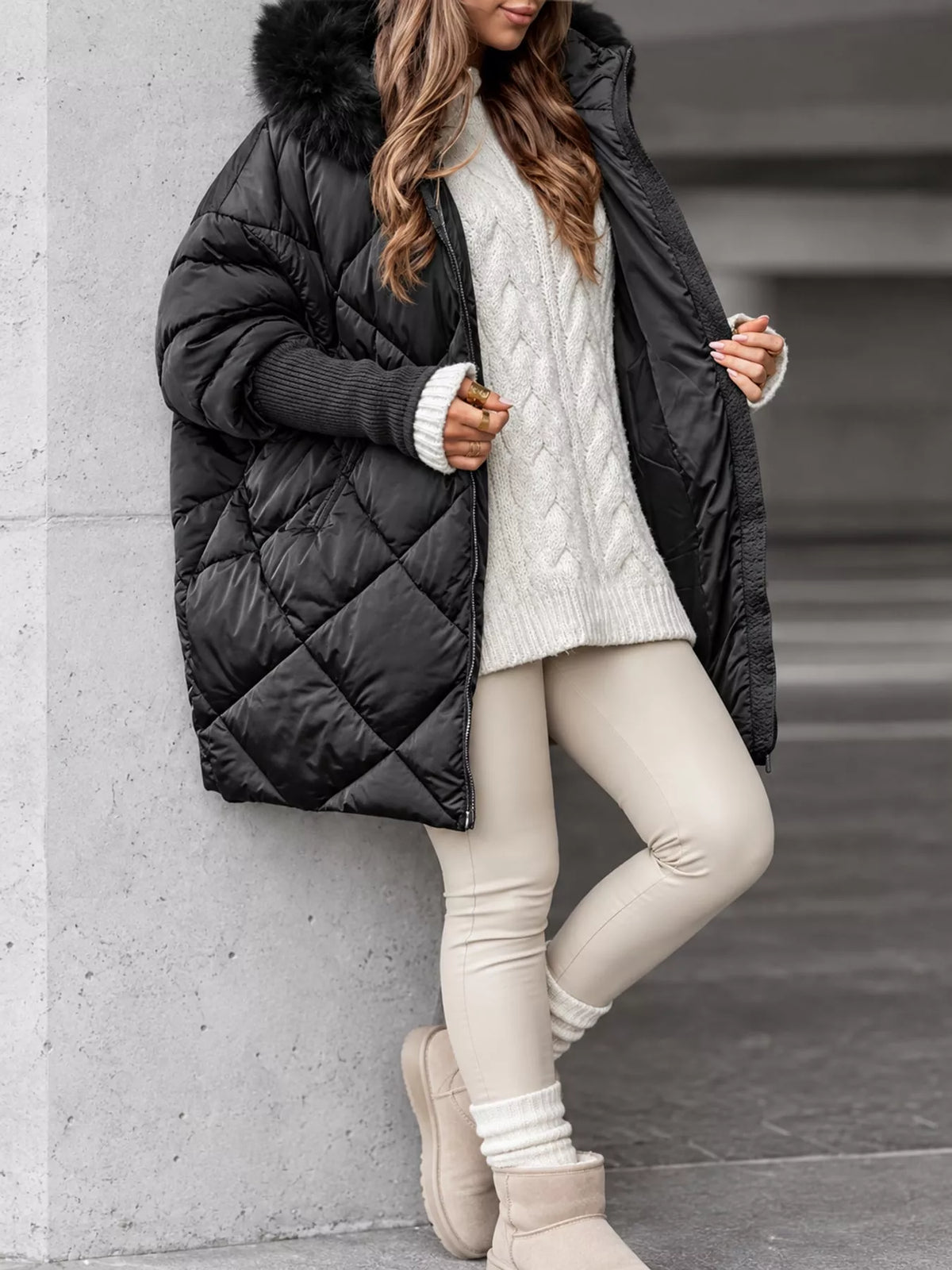 Quilted Faux Fur Hood Puffer Jacket — front view
