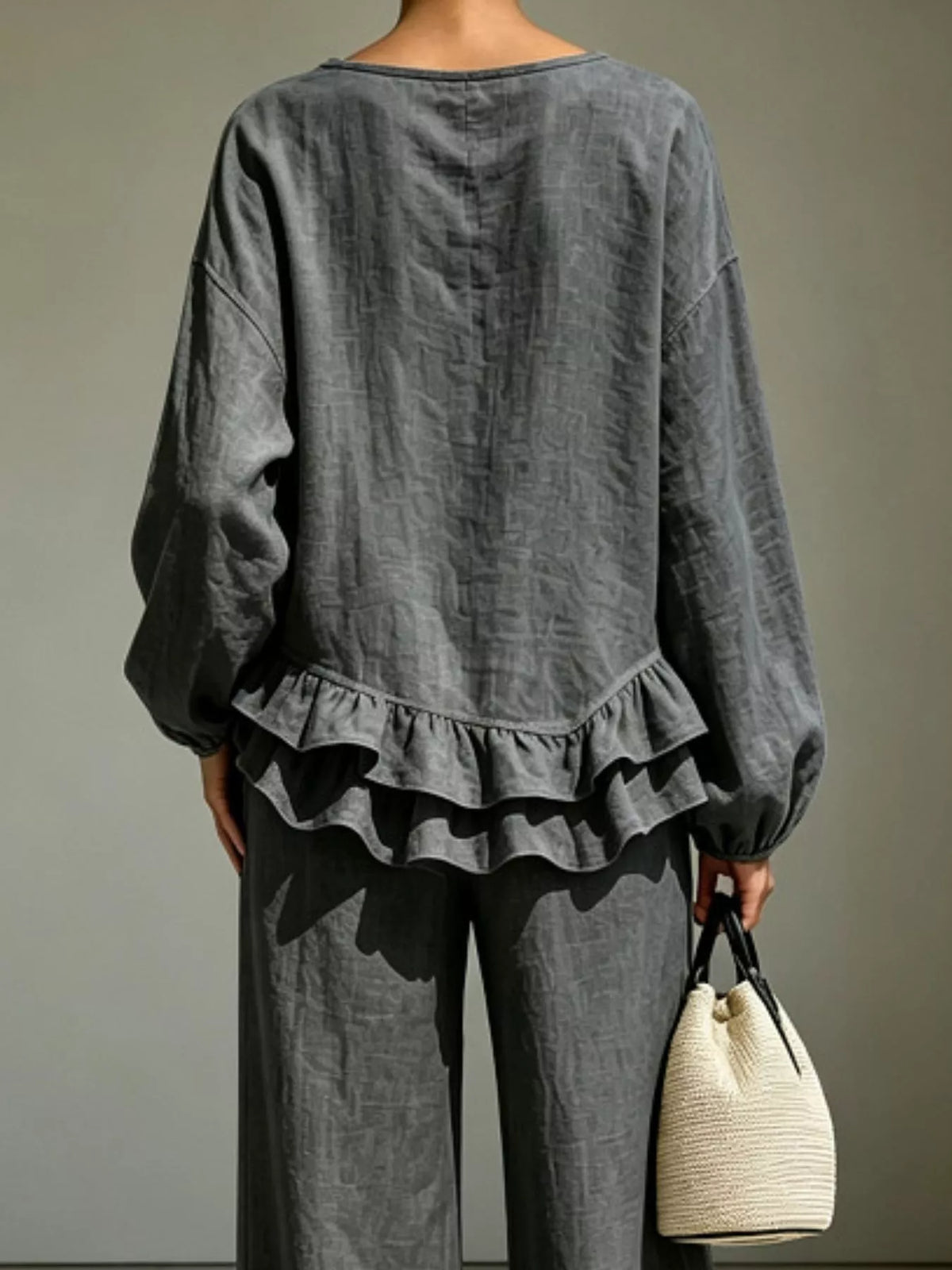 Ruffled Hem Long Sleeve Top and Pants Set — back view