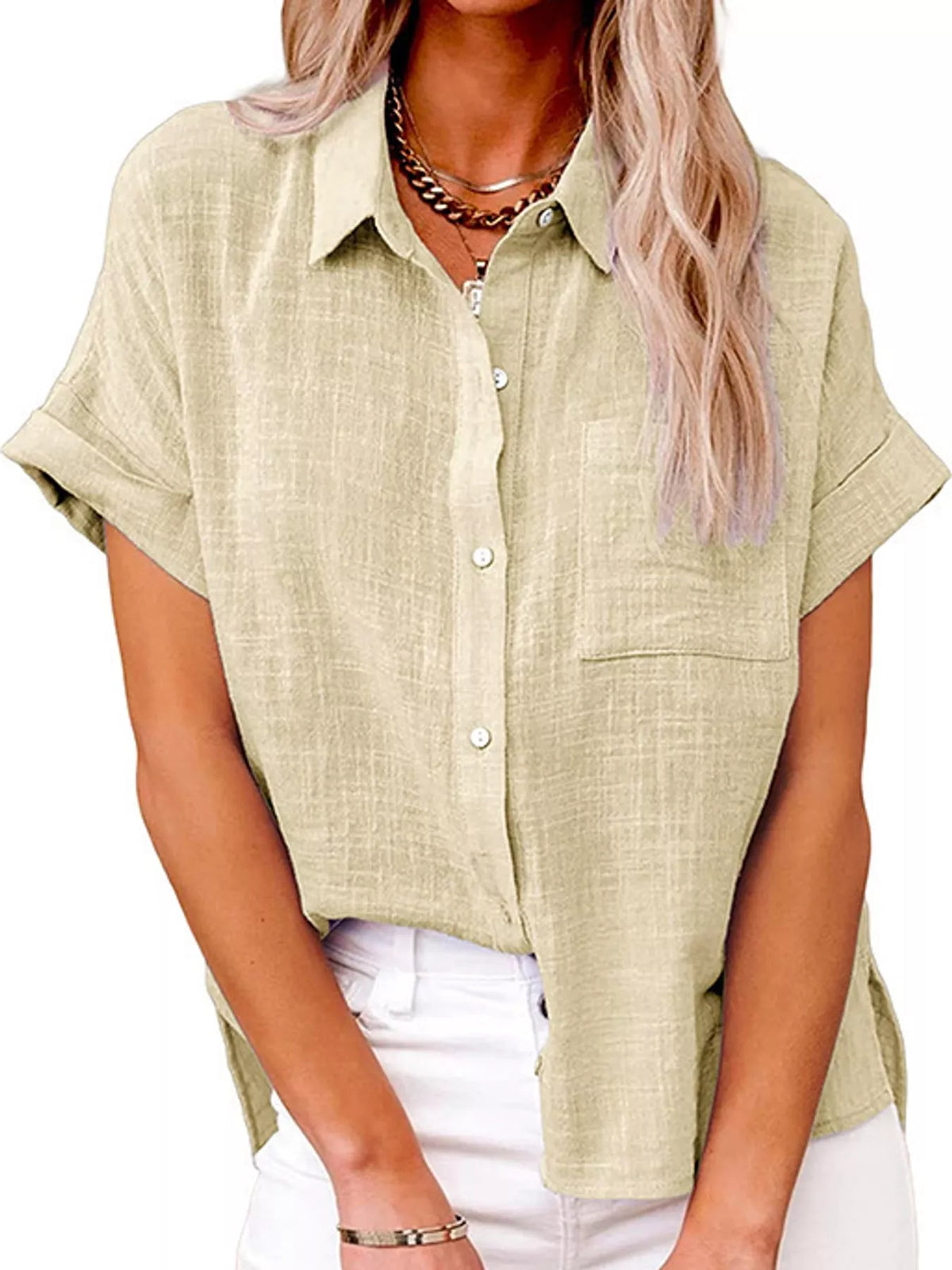 Women's Button Up Short Sleeve Shirt in beige — front view