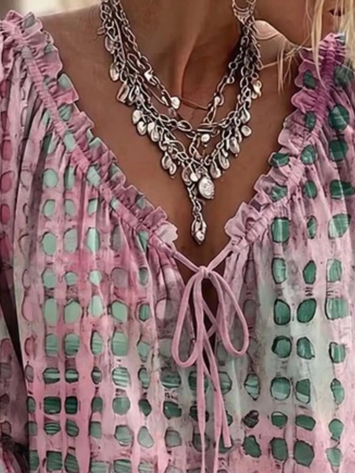 Dusty Pink Tie Neck 3/4 Sleeve Blouse detail view