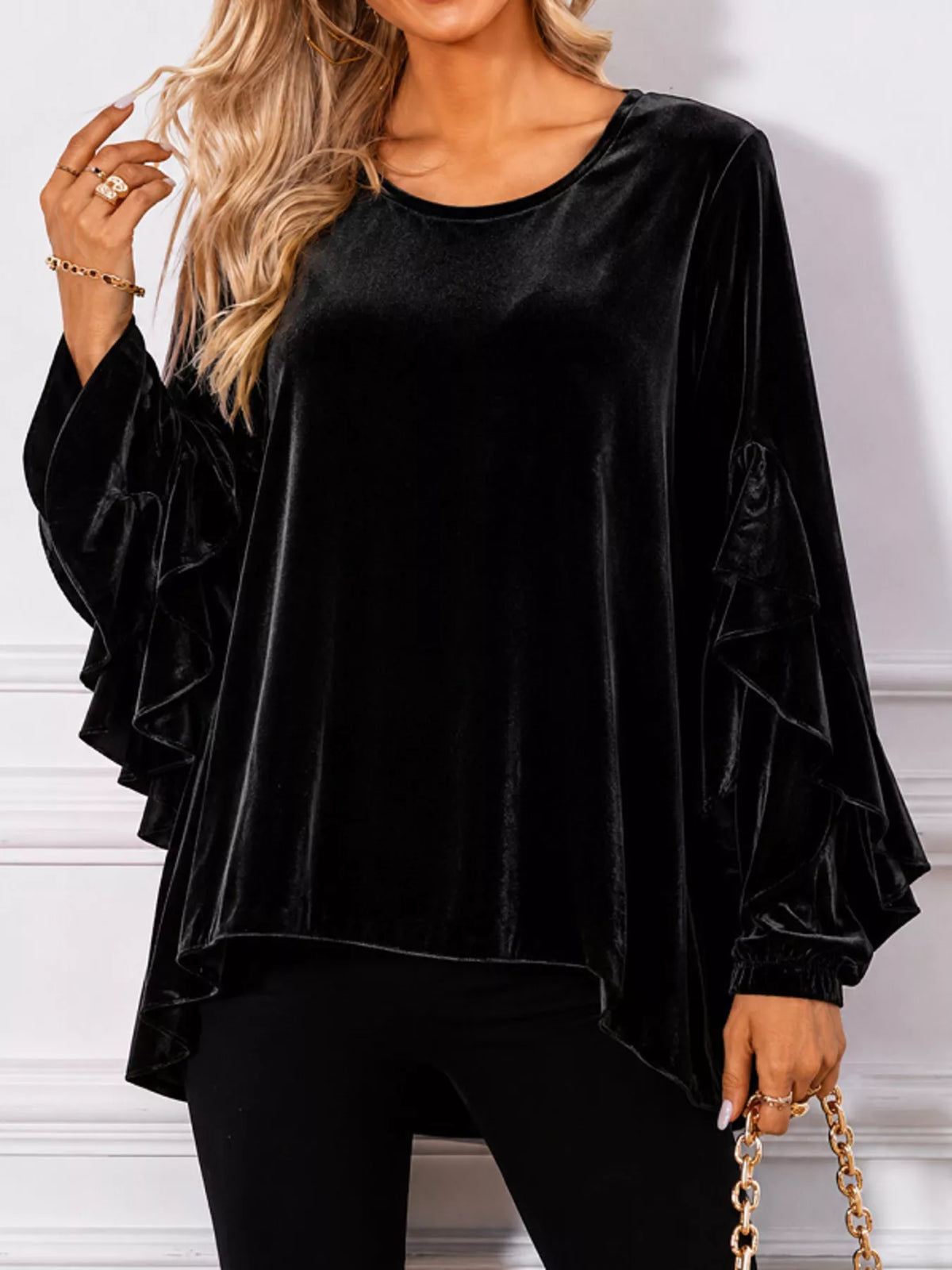 Women's Velvet Round Neck Ruffle Sleeve Top in Burgundy, front view