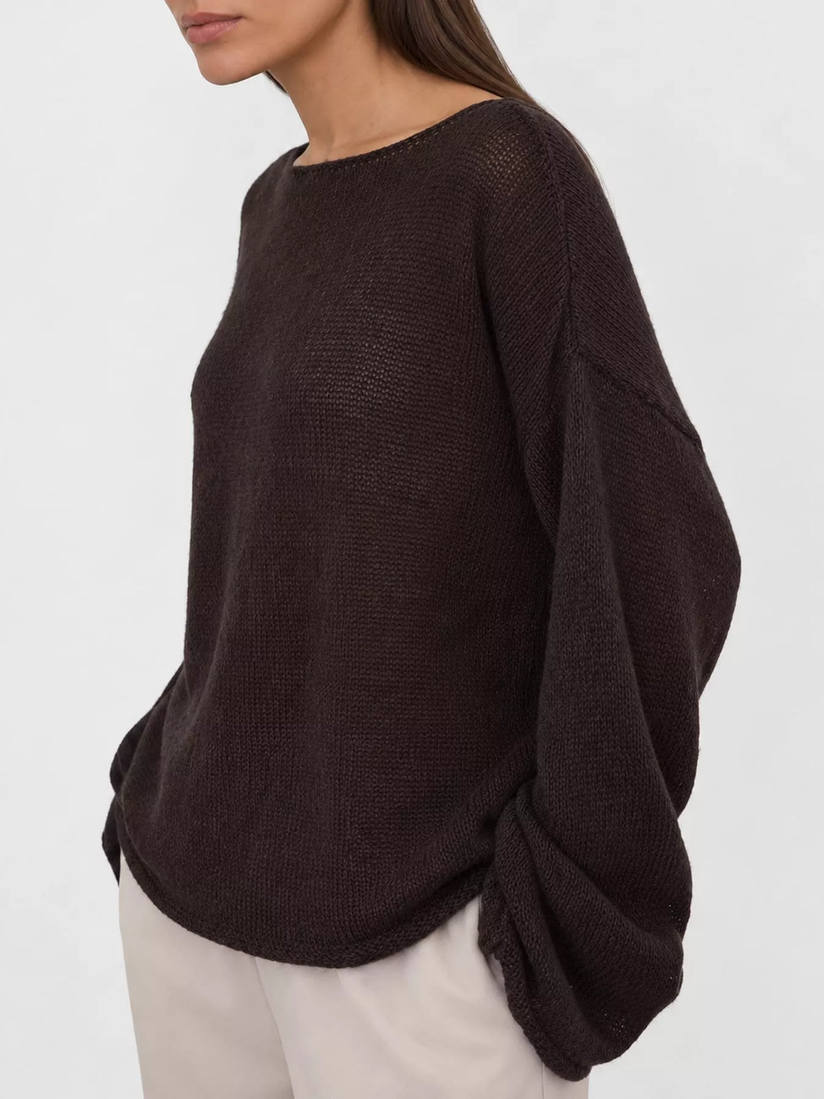 Brown sheer openwork knit long sleeve top