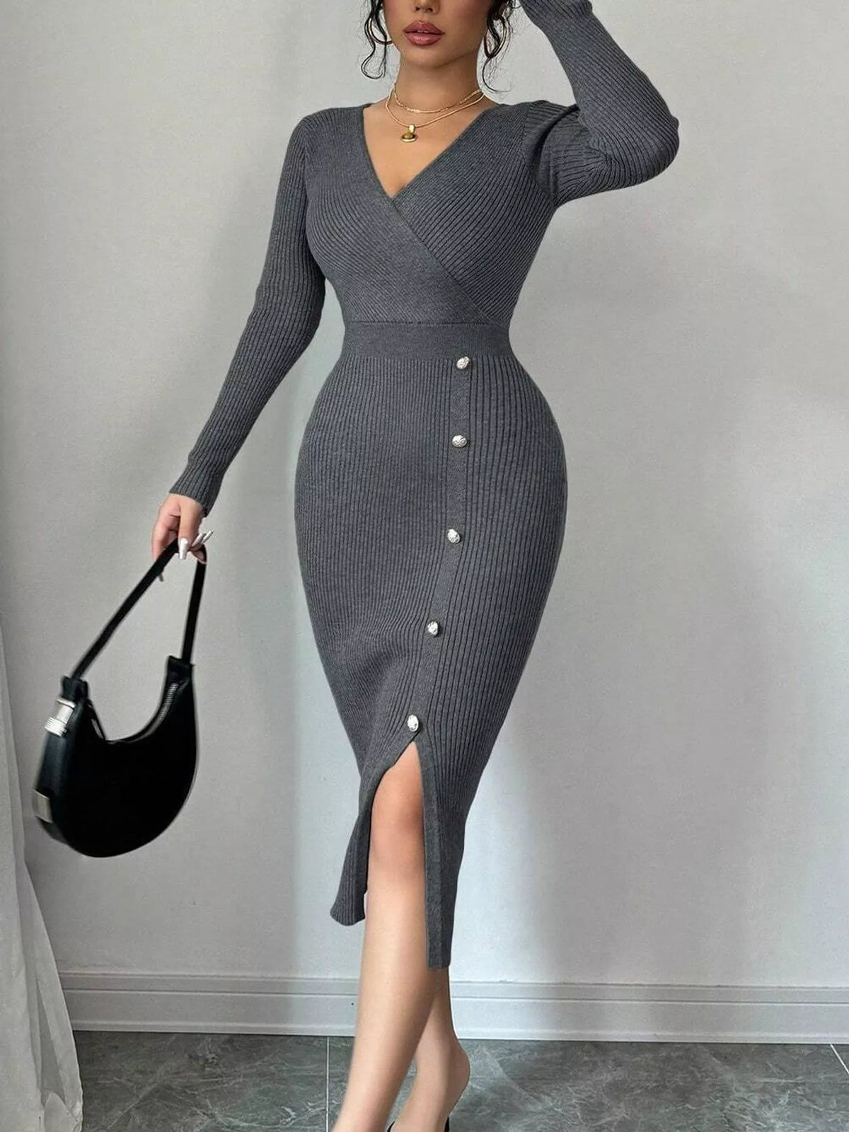 Dark gray decorative button ribbed knit sweater dress, front view