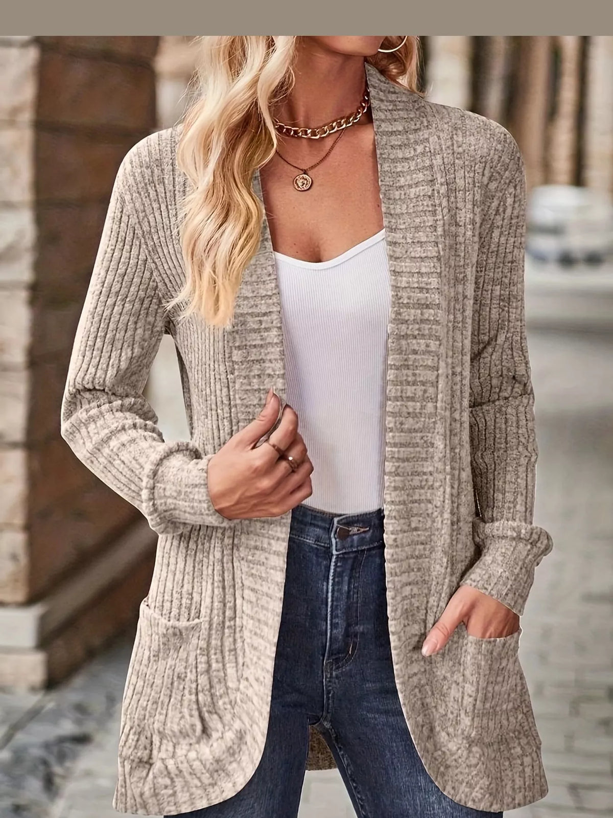 Ribbed Knit Open Front Cardigan with Pockets — front view