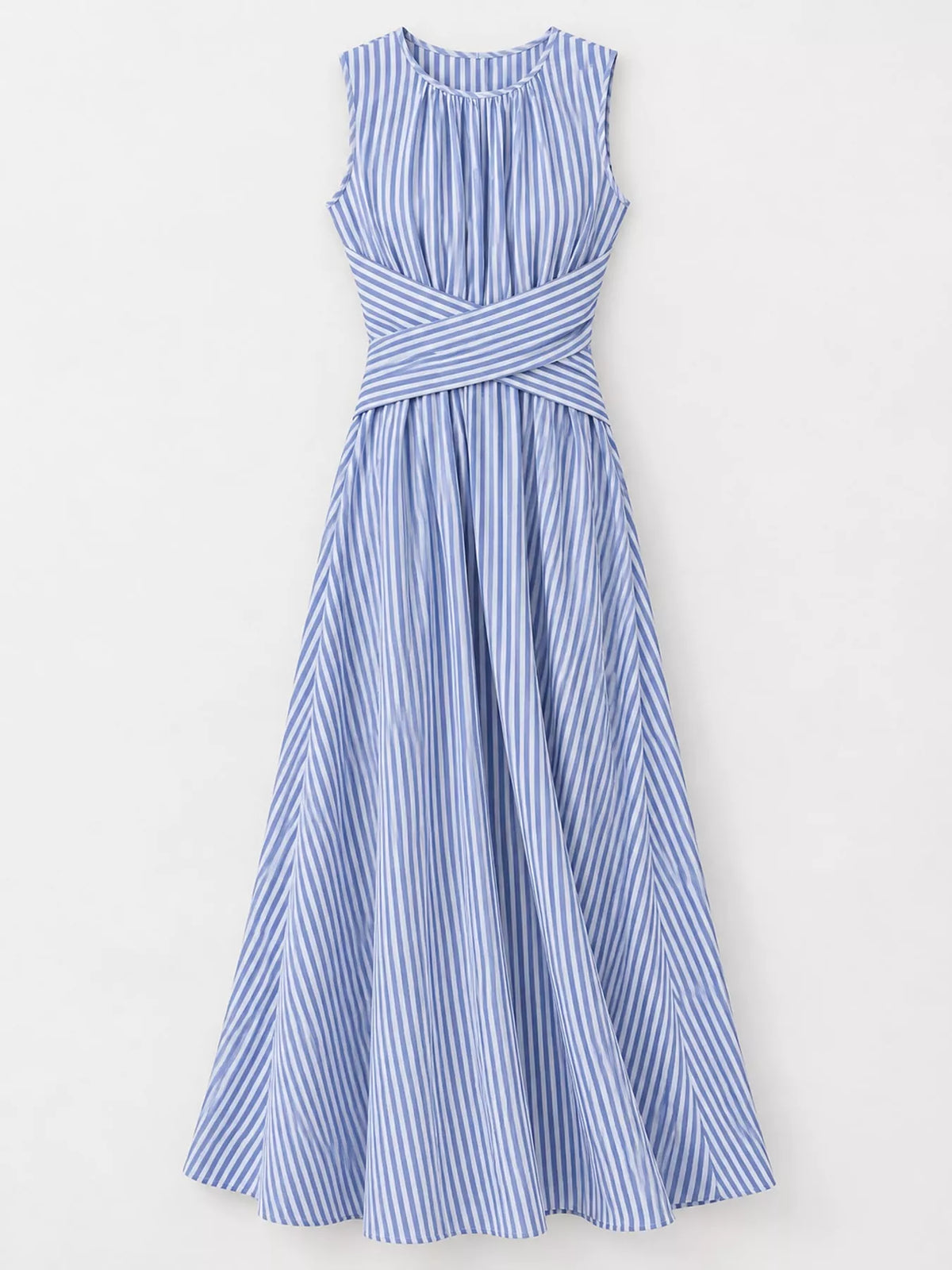 Women's Sleeveless Striped Maxi Dress with Criss-Cross Waist Detail in blue striped — flat lay view