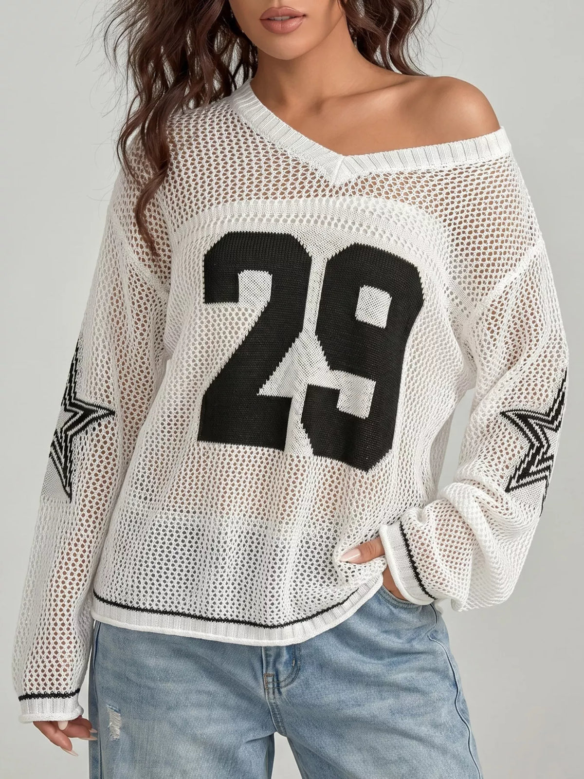 Women's Number 29 Openwork Knit Jersey Sweater in White, detail view