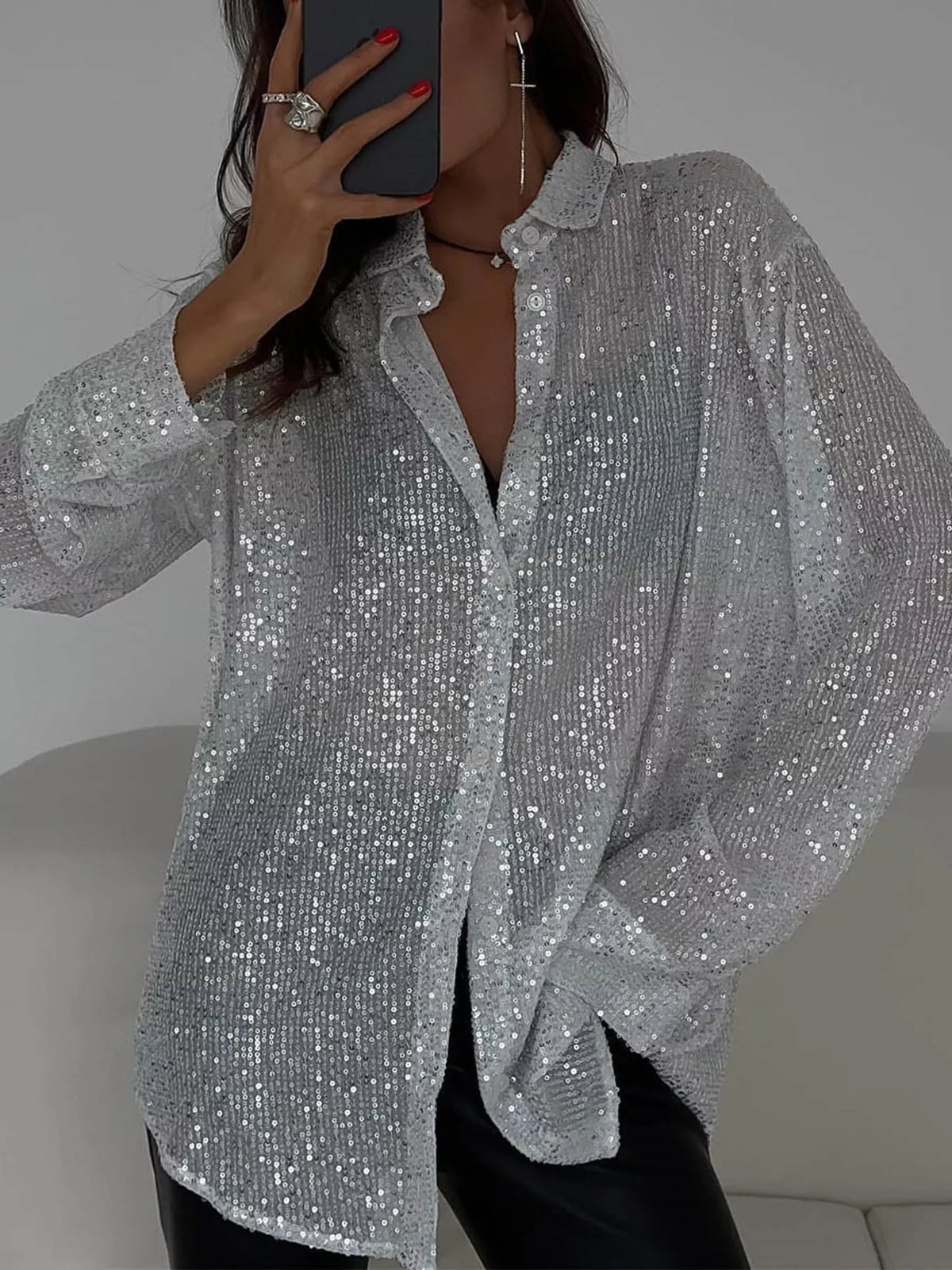 Sequin shirt, silver front
