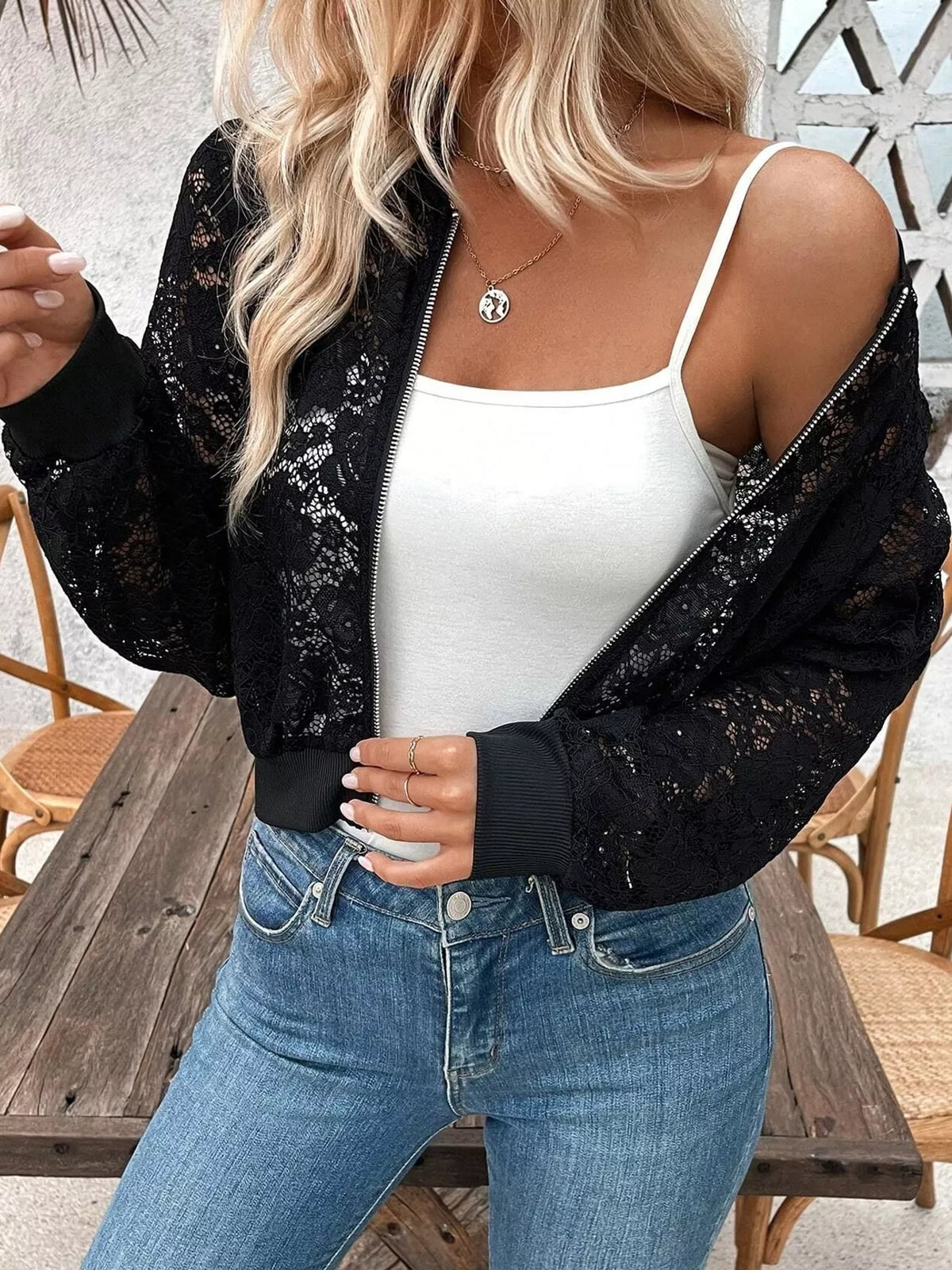 Black sheer lace zip-up jacket