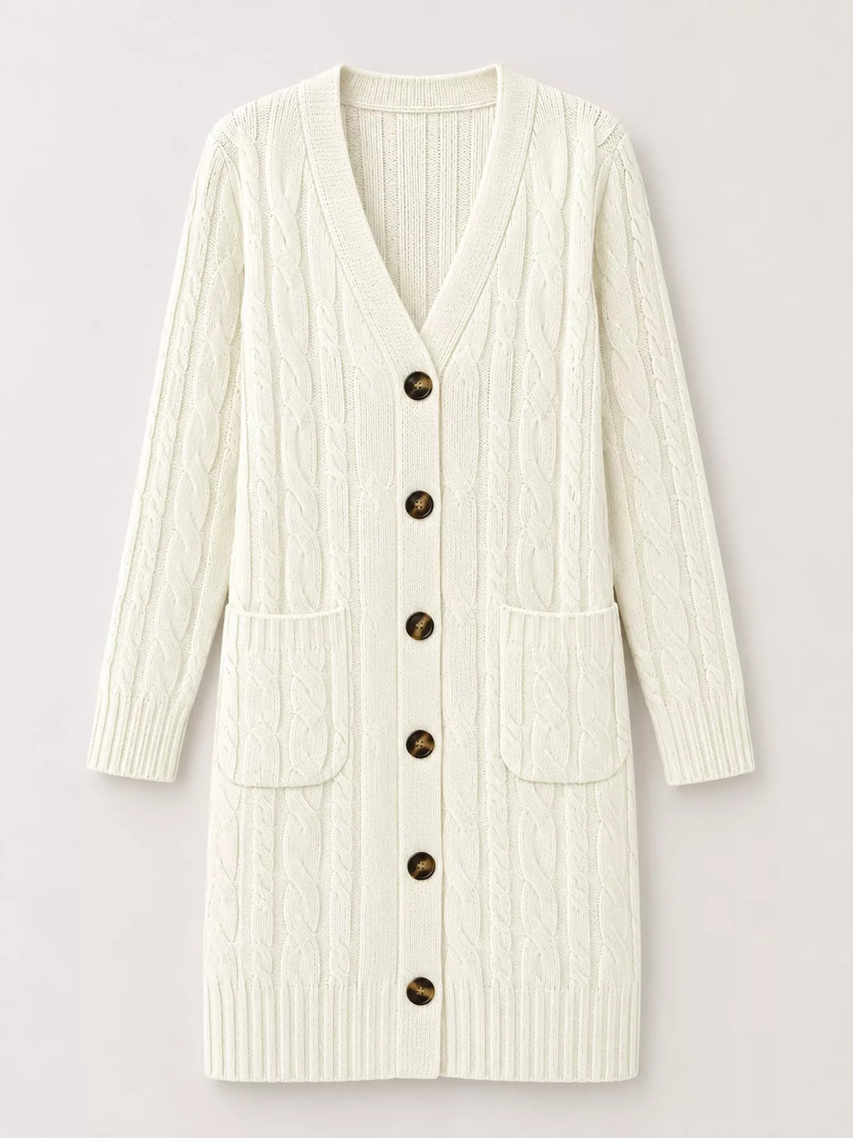 Cable Knit Button-Down Cardigan with Pockets — garment front