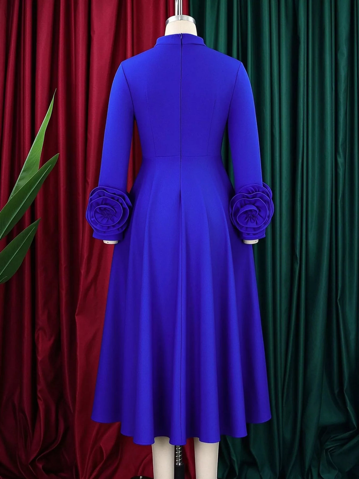 Mock neck long sleeve midi dress, back view