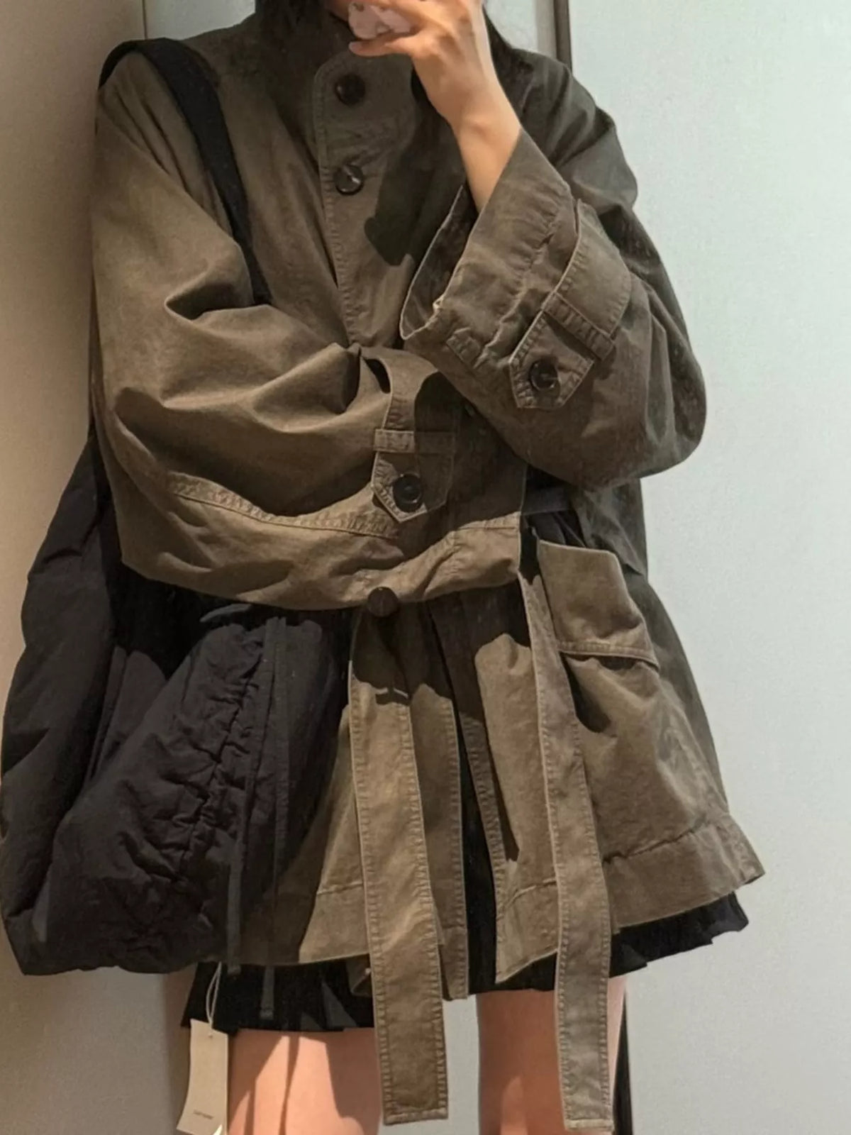 Vintage Style Stand-Collar Belted Utility Jacket in khaki