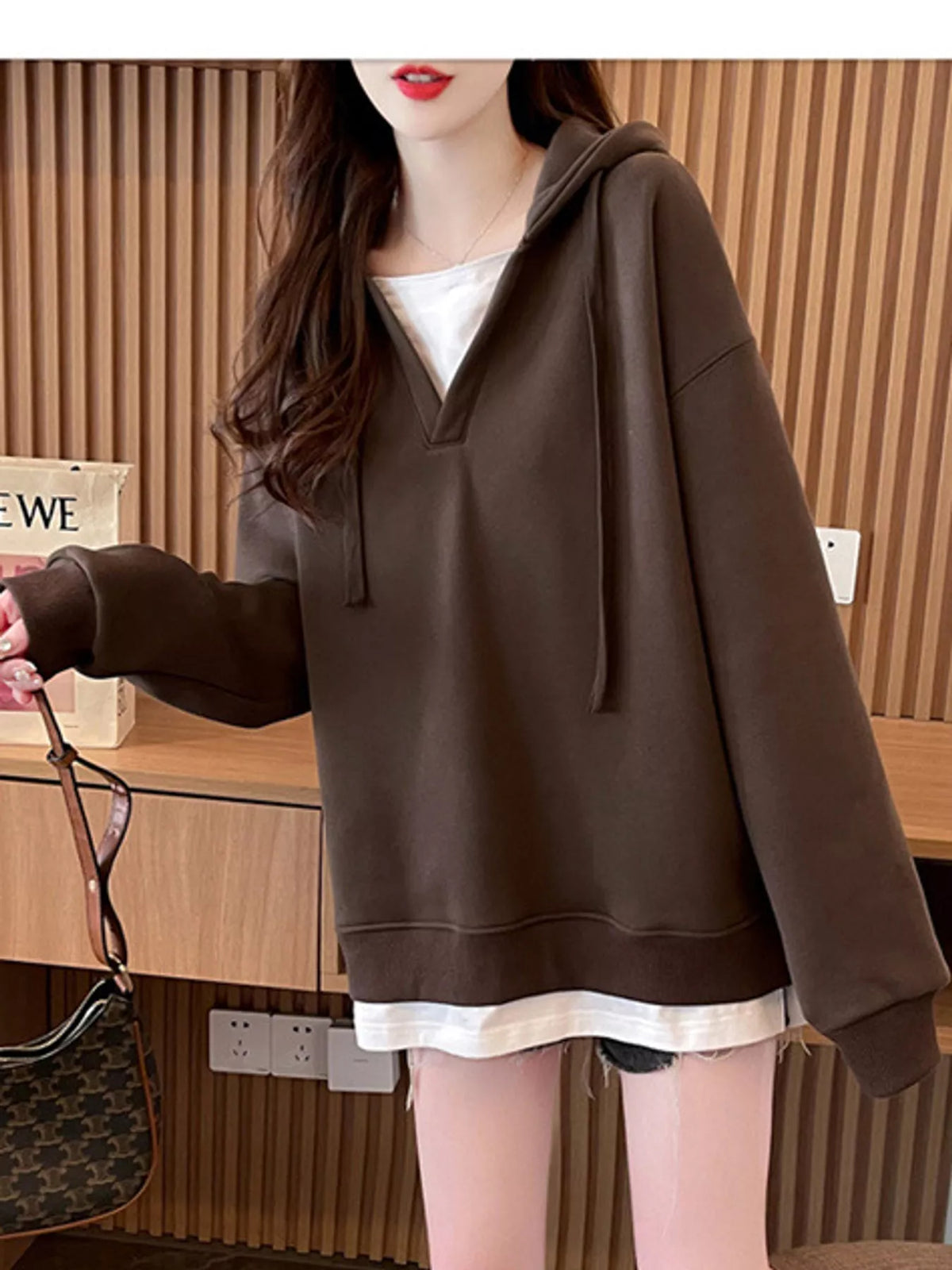 Brown layered look dropped shoulder hoodie, front view