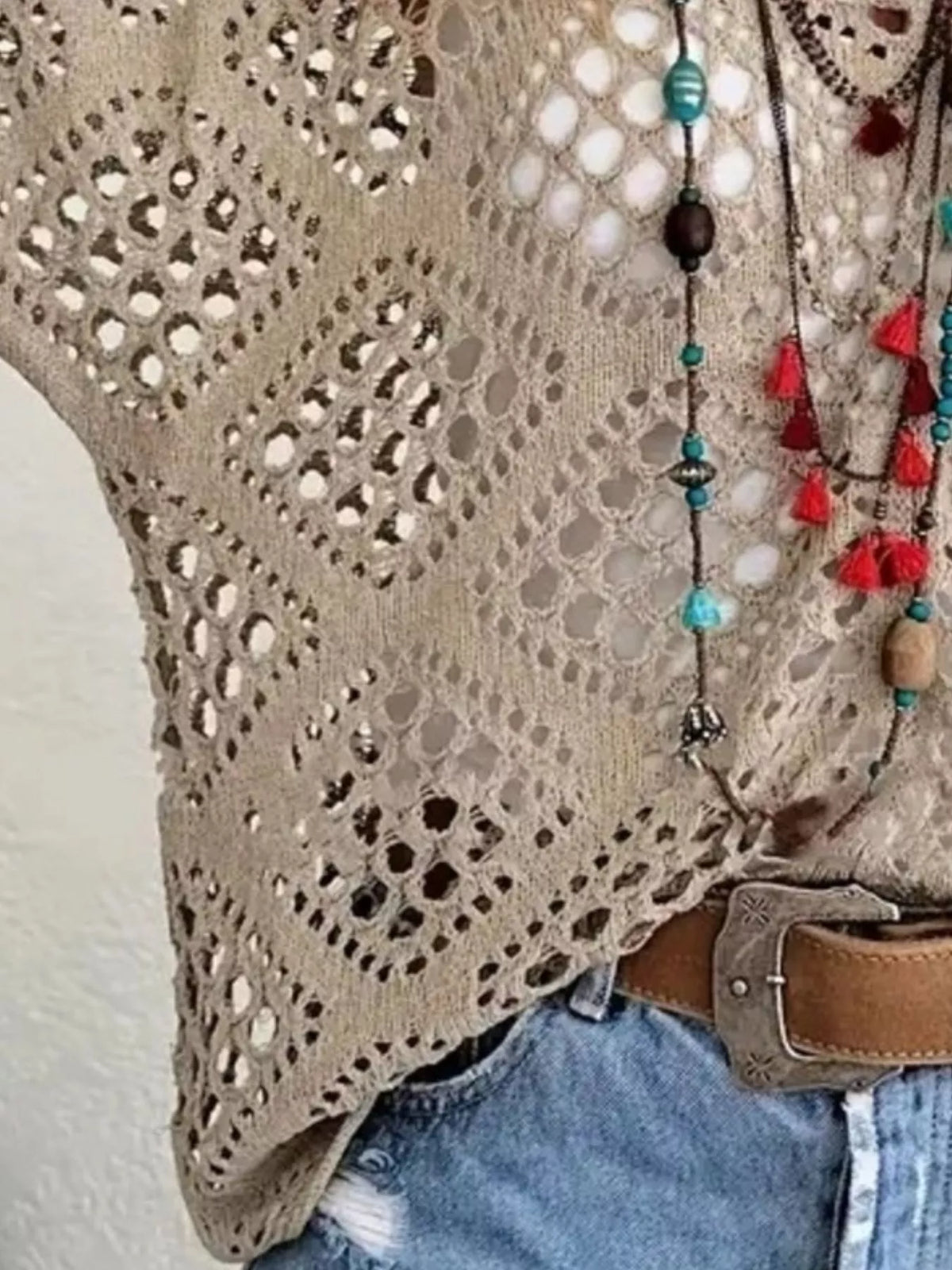 Taupe openwork crochet cover-up, crochet detail