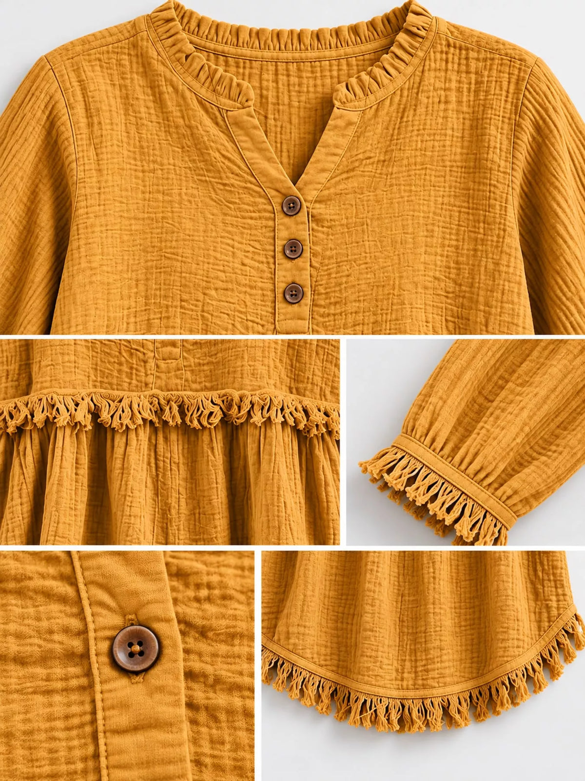 Frayed-hem blouse, mustard button and fringed trim details