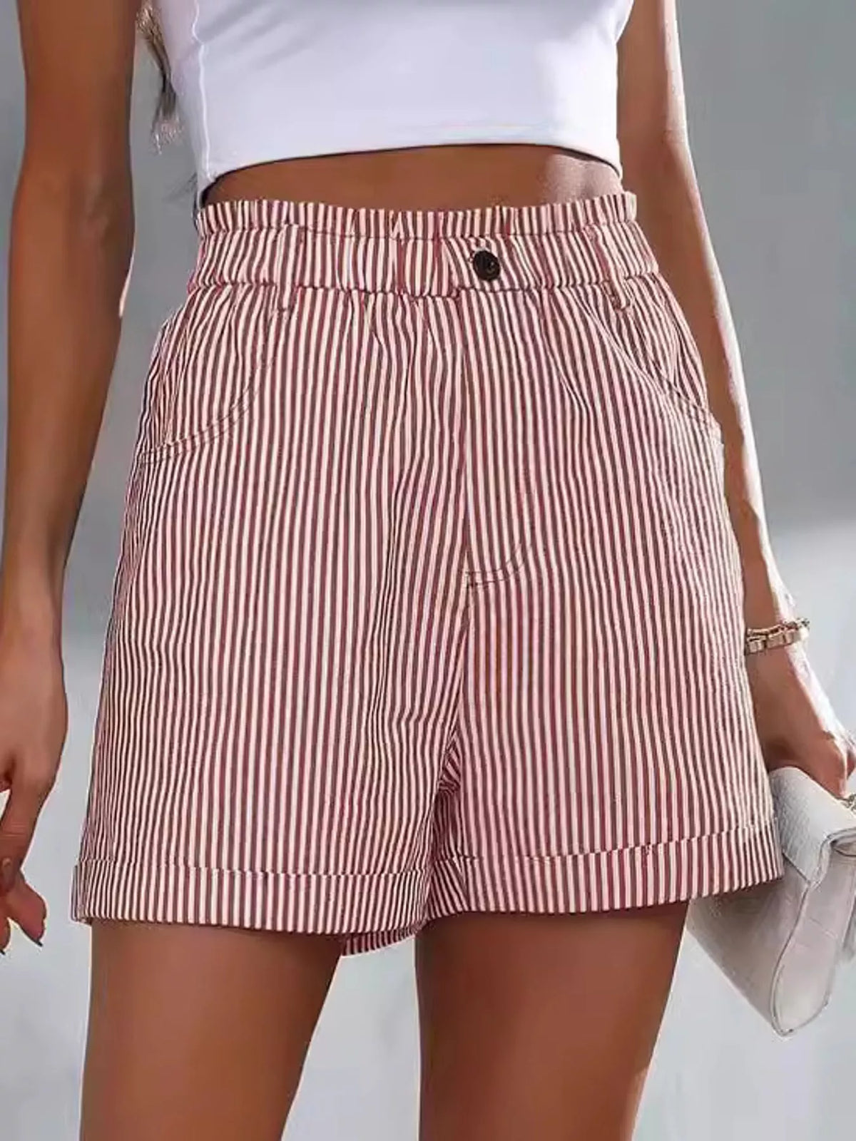 Pink and white high waisted striped shorts, front view