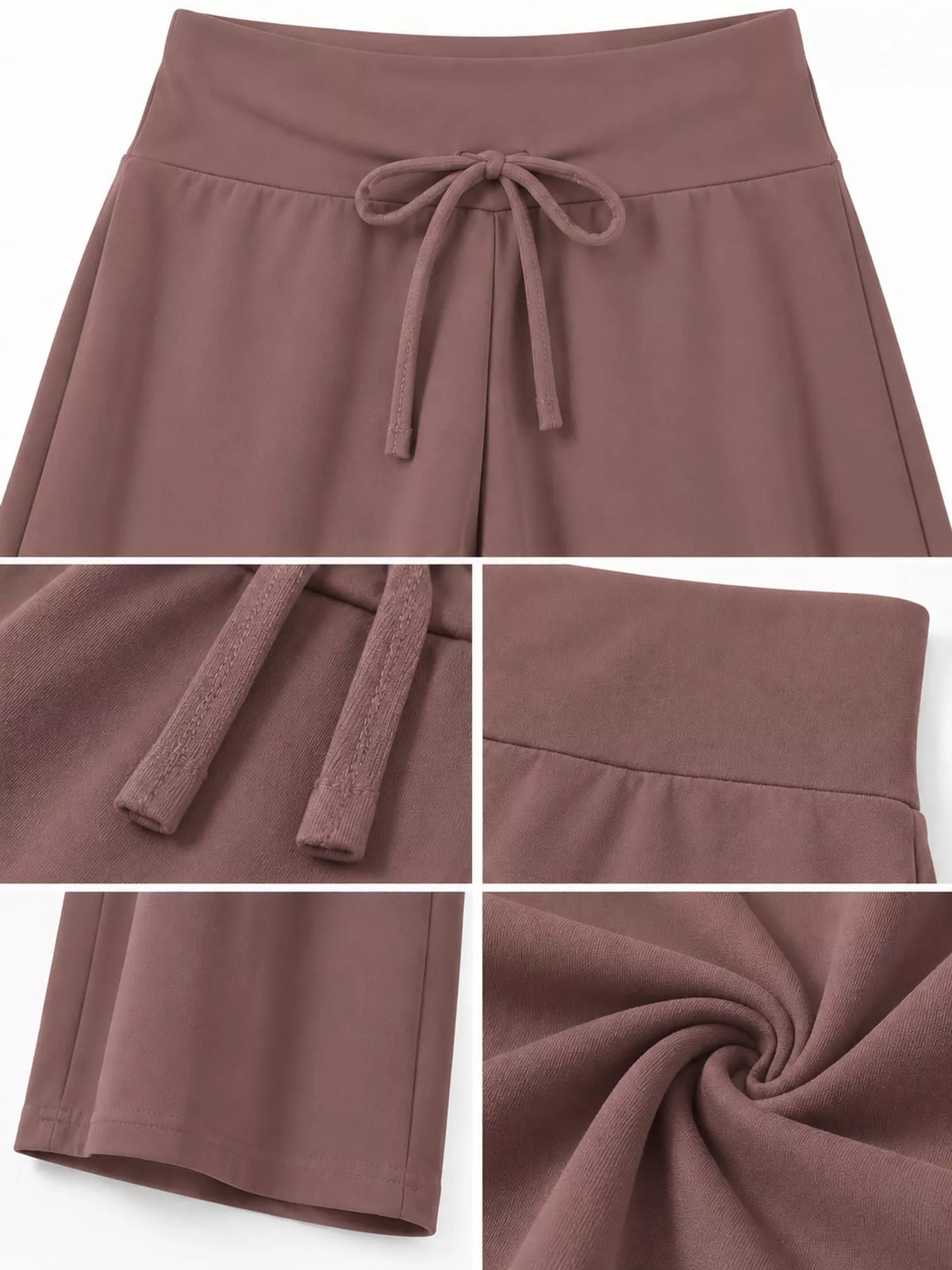 Mauve drawstring wide-leg pants — design and construction details