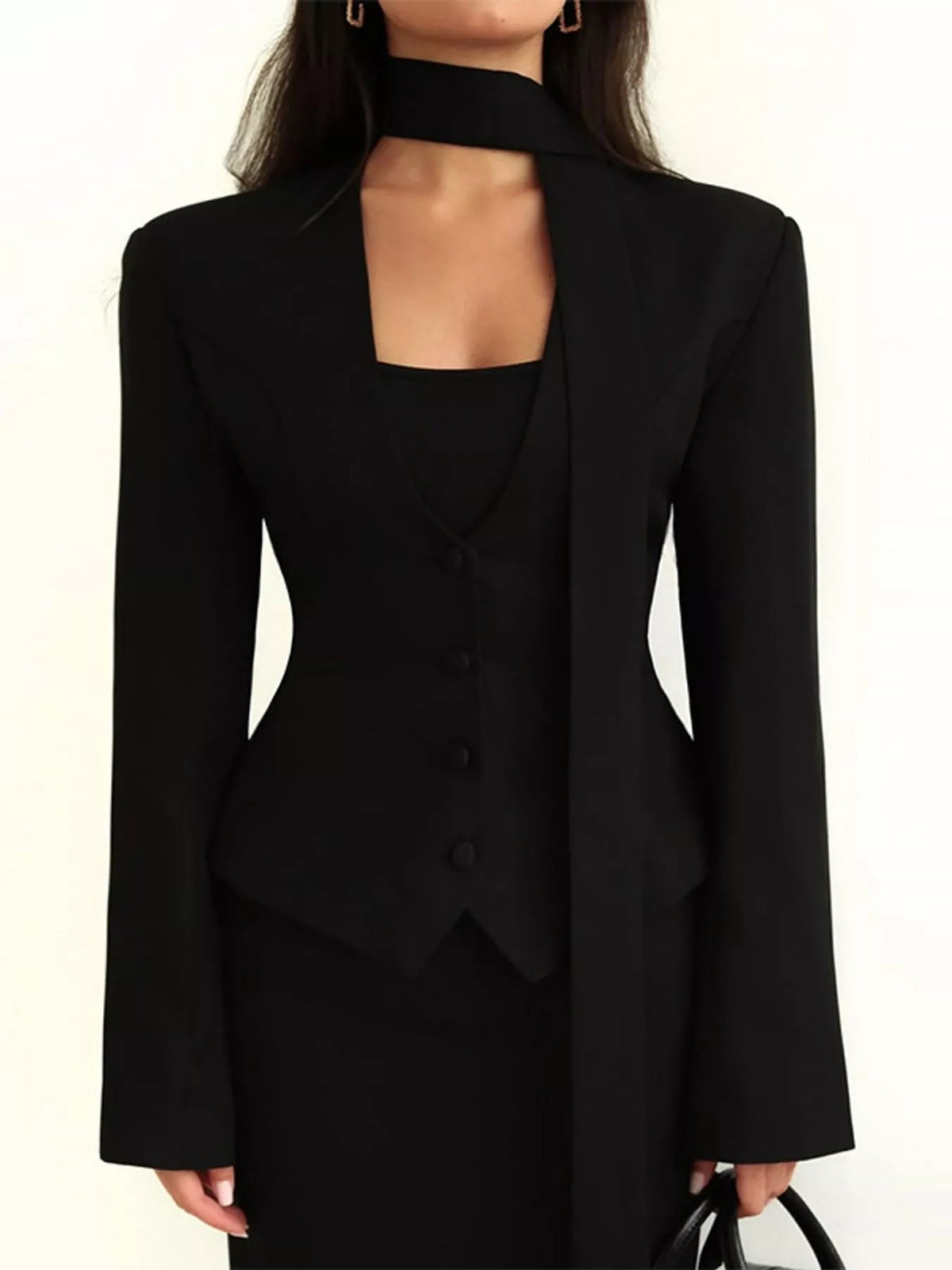 long sleeve blazer, front view on model
