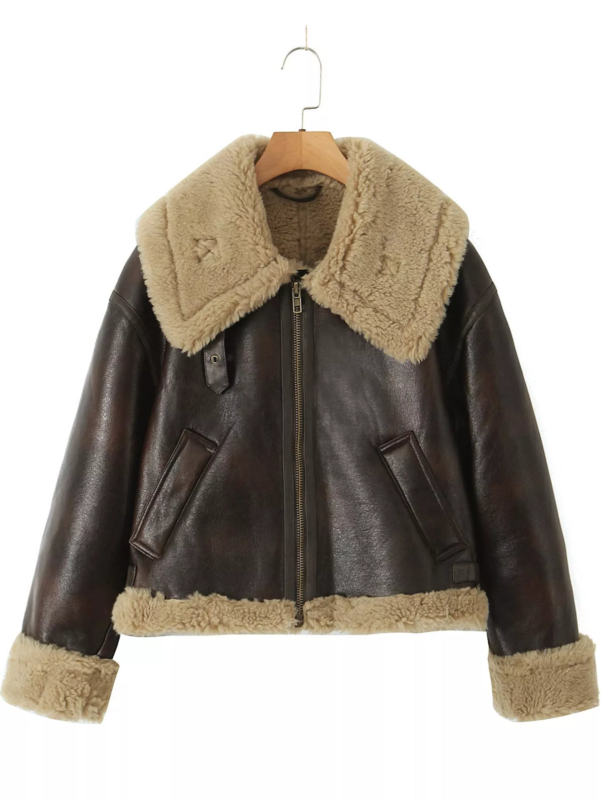 Faux Leather Aviator Jacket with Plush Trim, front view