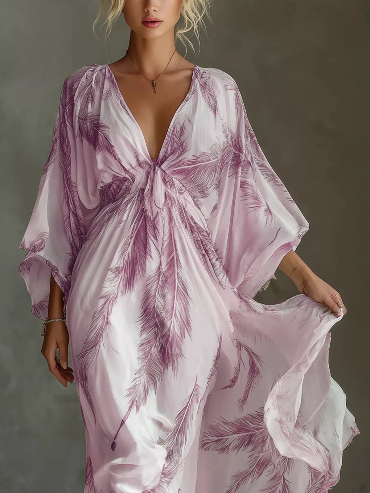 Feather-print V-neck flowy maxi dress