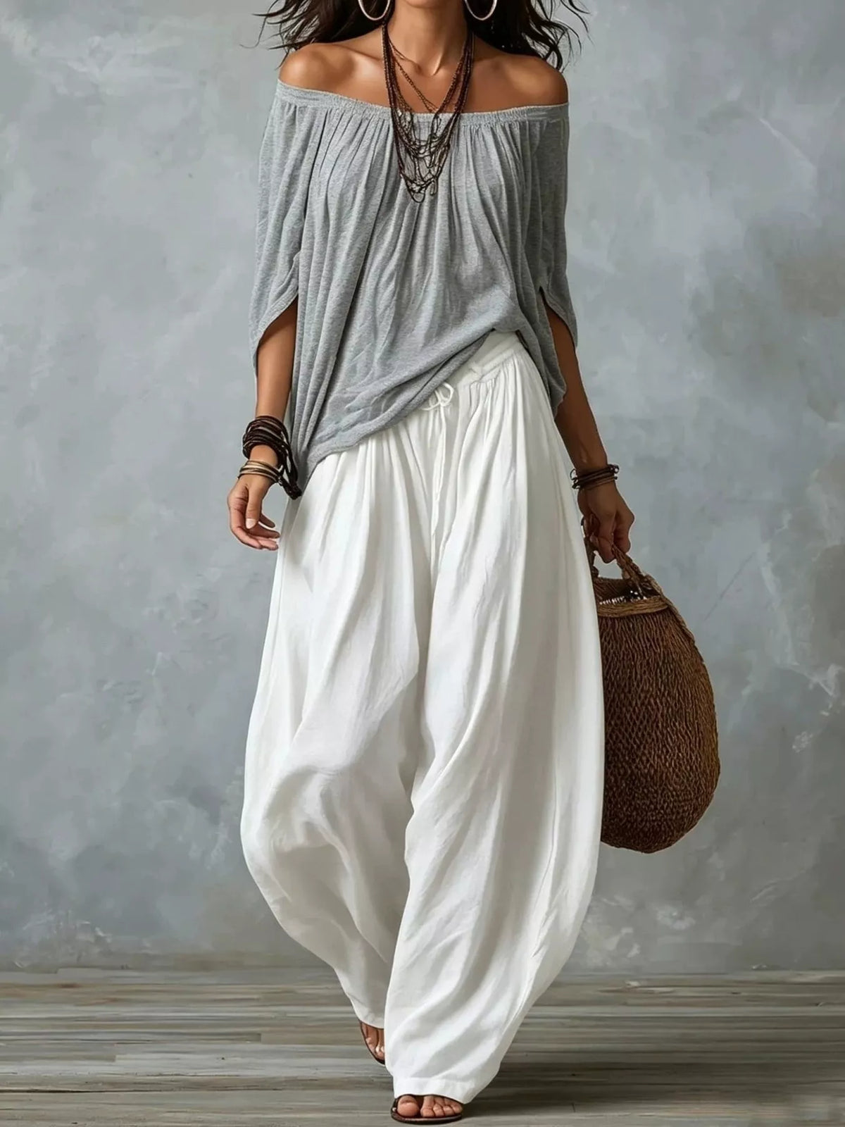 Gray top and white pants off-shoulder top and wide-leg harem pants set — front view