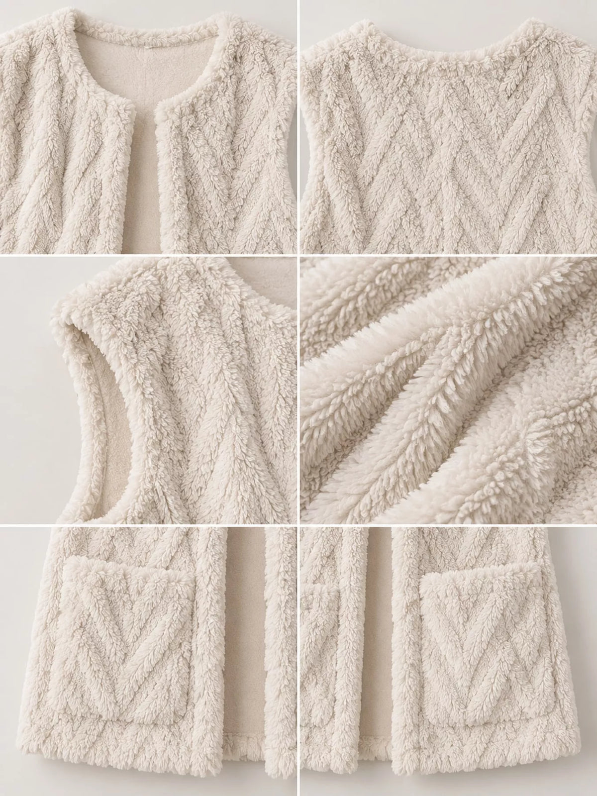 Cream sherpa open front vest coat, neckline, textured panels, and patch pockets