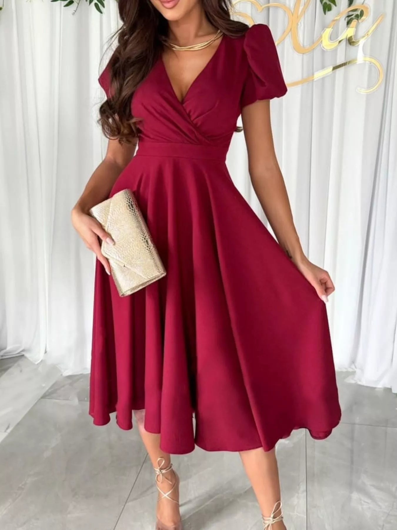 Trendsi Surplice Puff Sleeve Midi Dress -