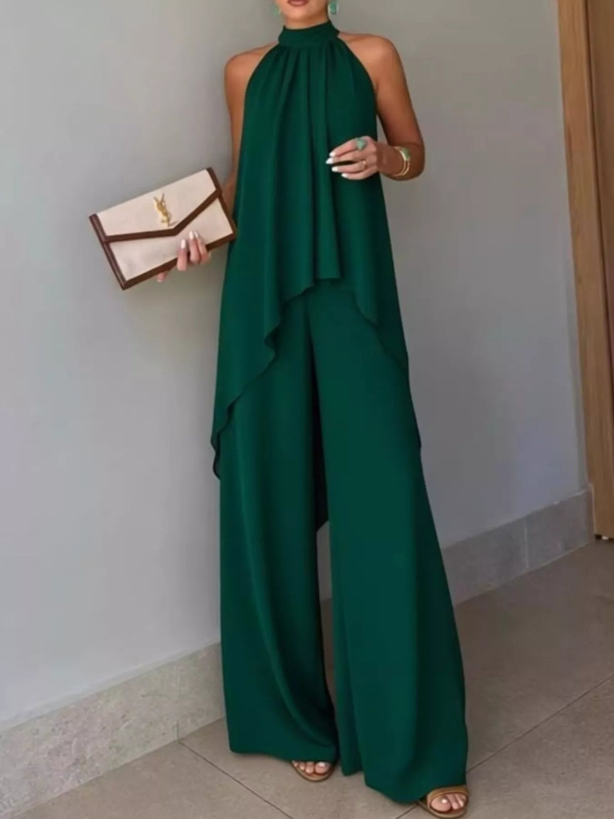 Dark Green High-Low Sleeveless Top & Wide-Leg Pants Set front view
