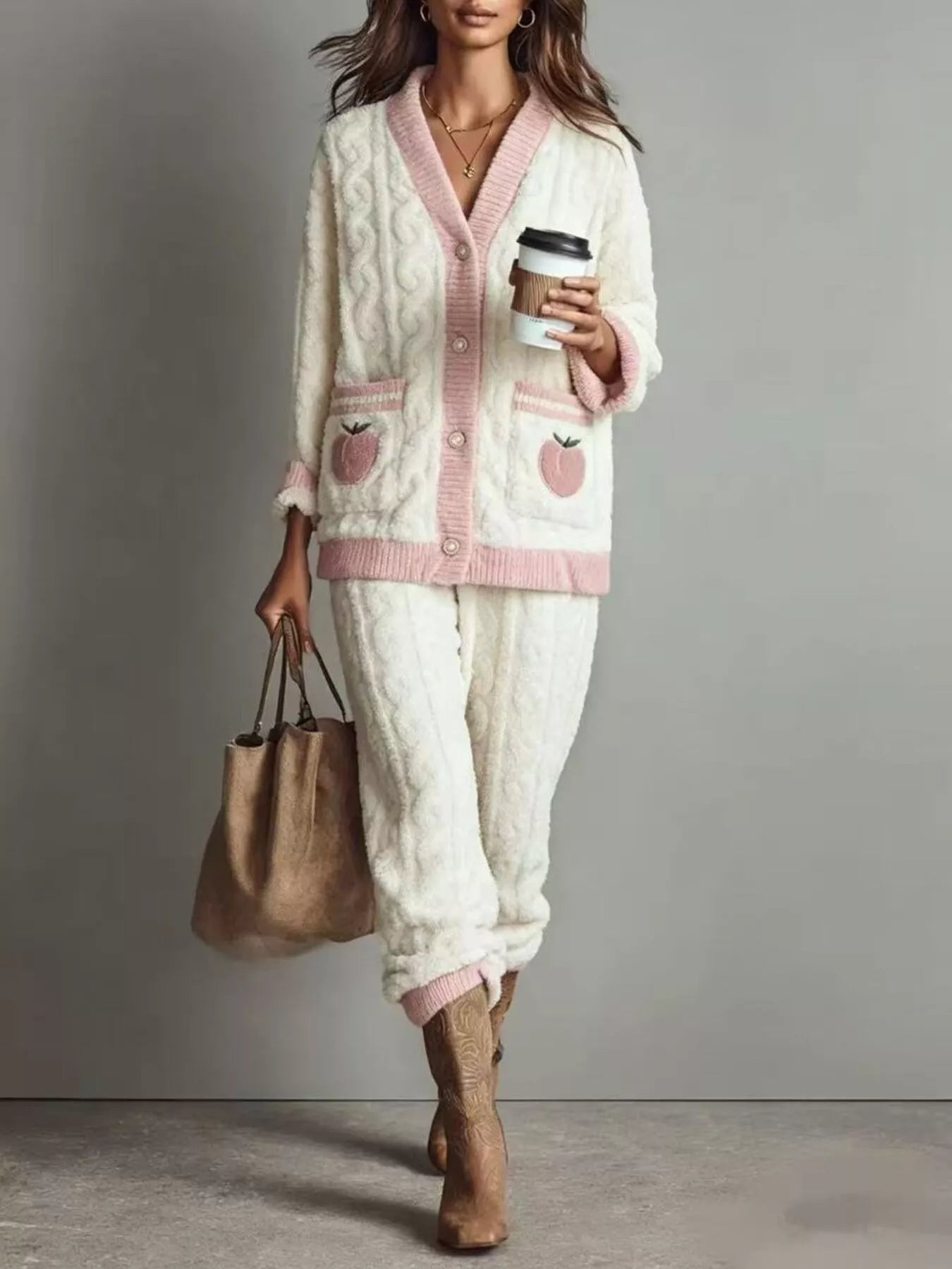 Trendsi Peach Fleece Contrast Trim Top and Pants Lounge Set -