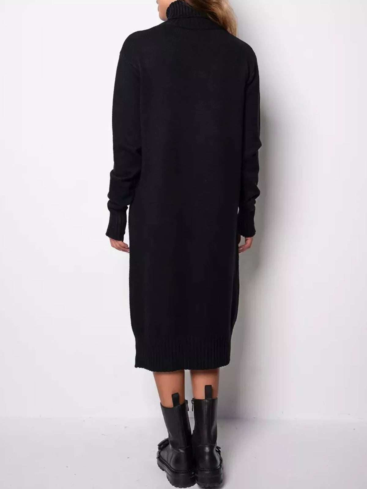 Black turtleneck sweater dress, back view