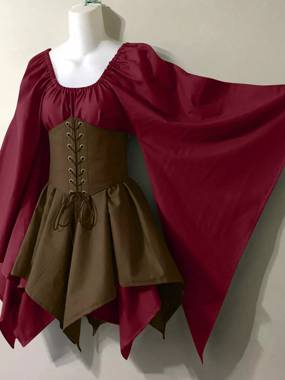 Lace-up asymmetric dress, burgundy olive front