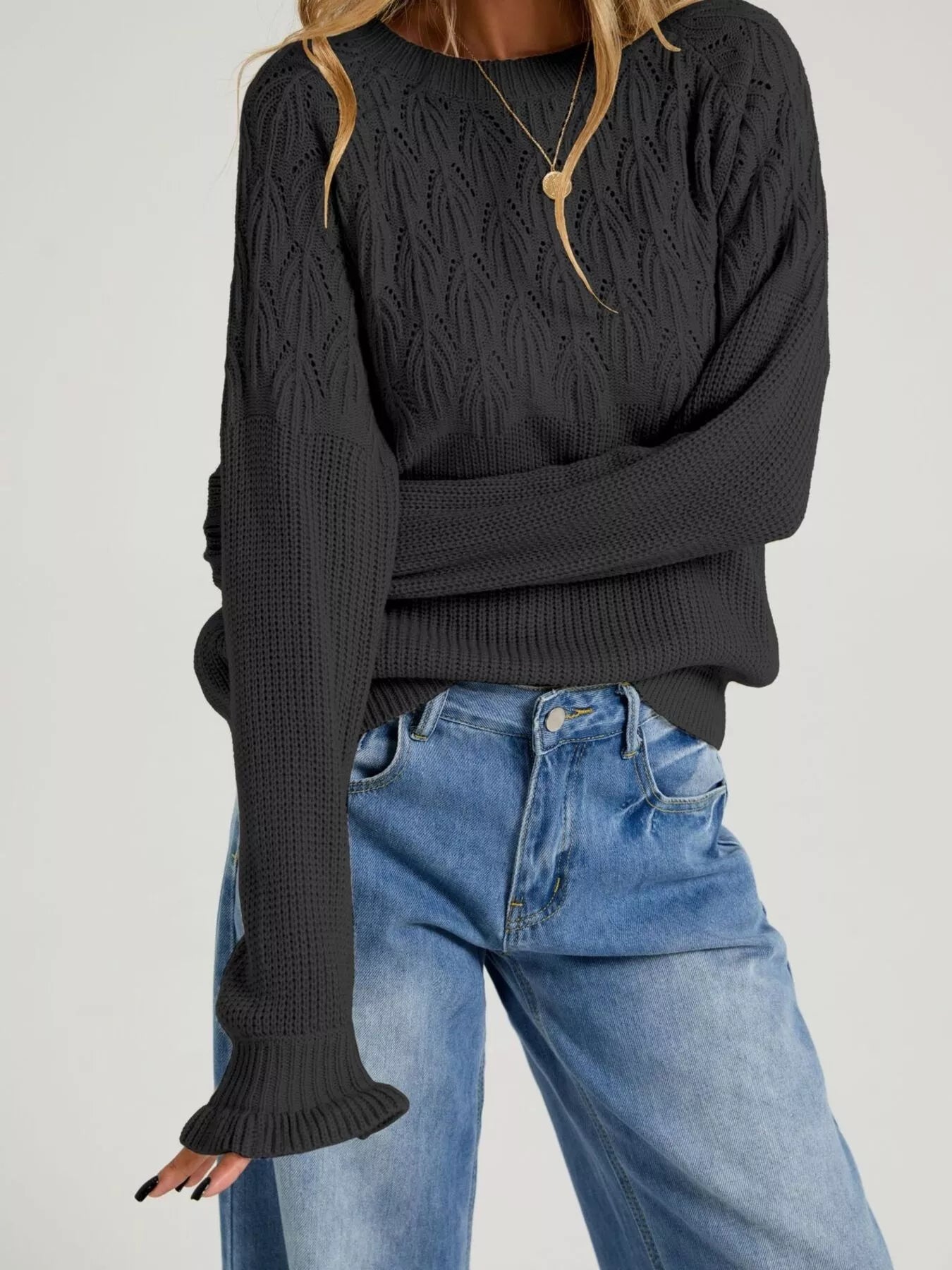 Trendsi Pointelle Knit Round Neck Sweater -