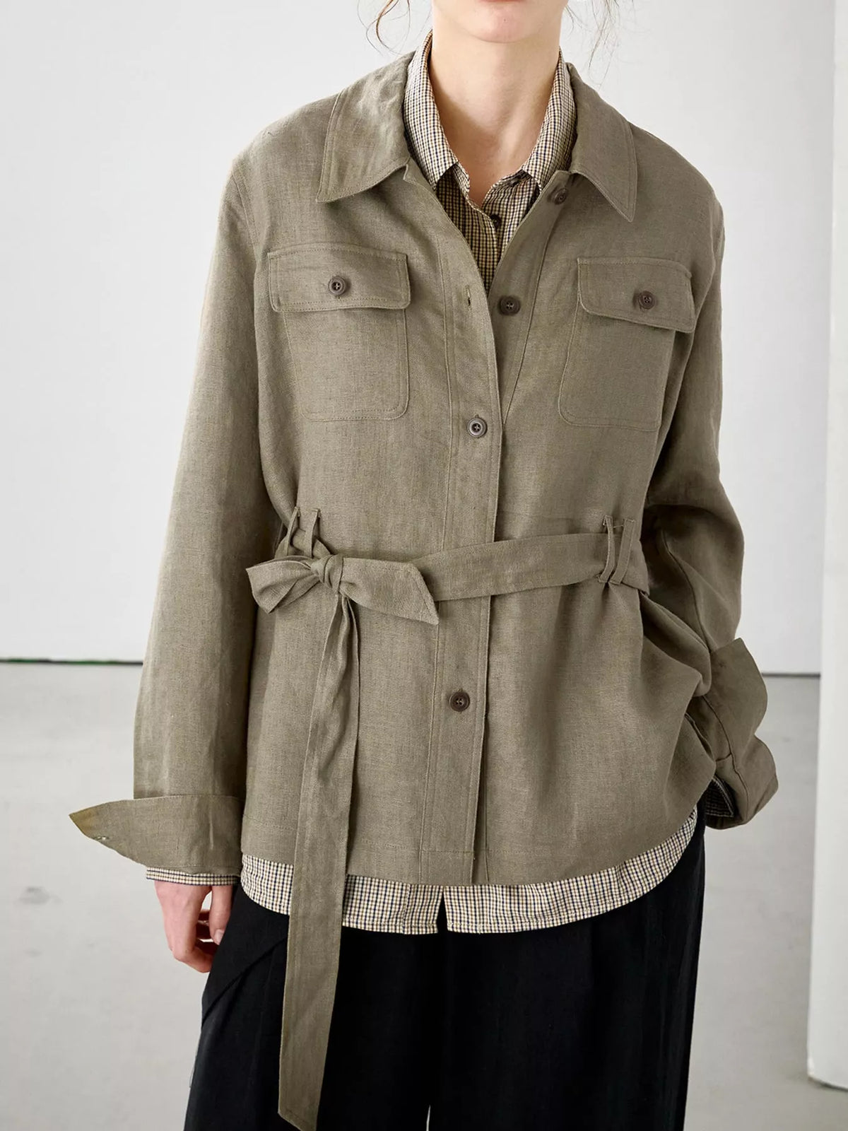 Belted shacket, olive belted front