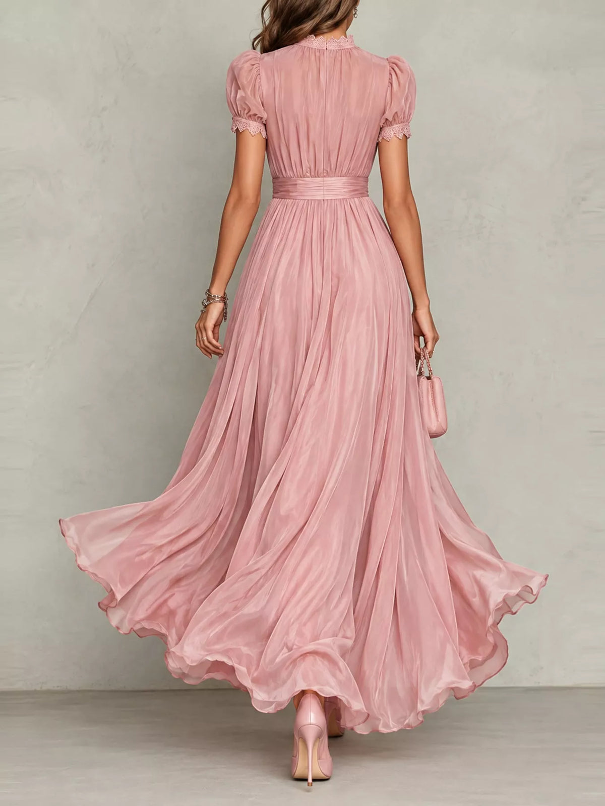Lace Puff Sleeve Maxi Dress in pink, back view
