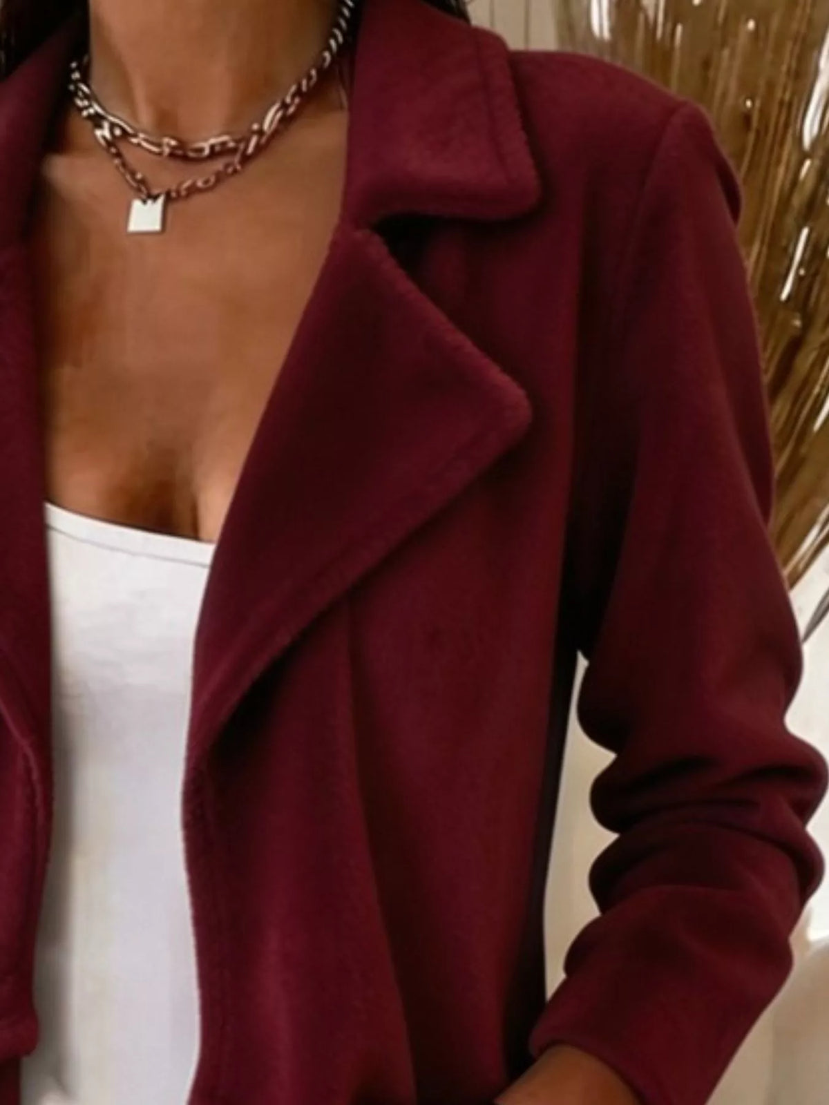 Burgundy fleece waterfall collar jacket, lapels and open front