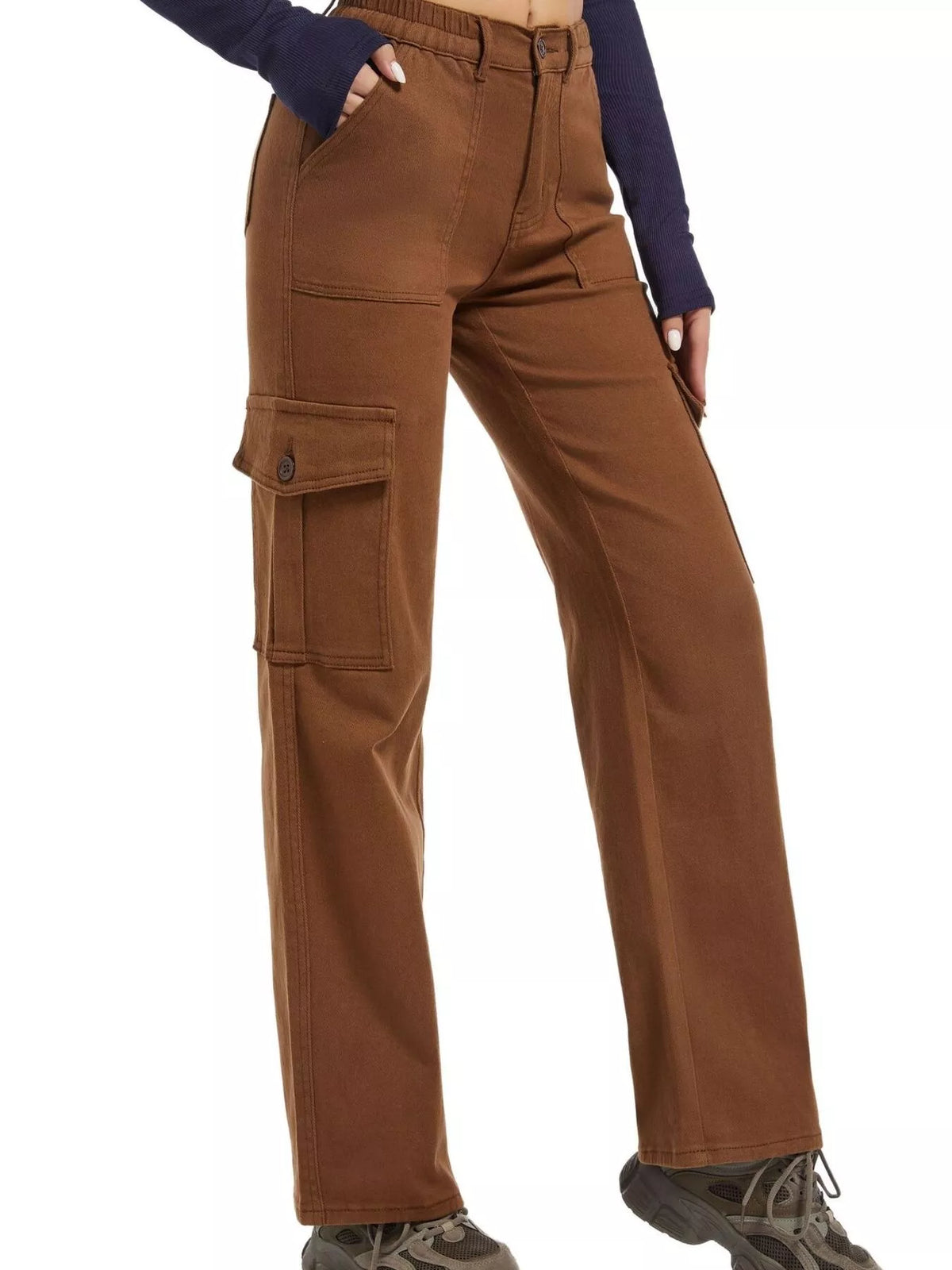 Brown wide-leg cargo jeans, front view at an angle