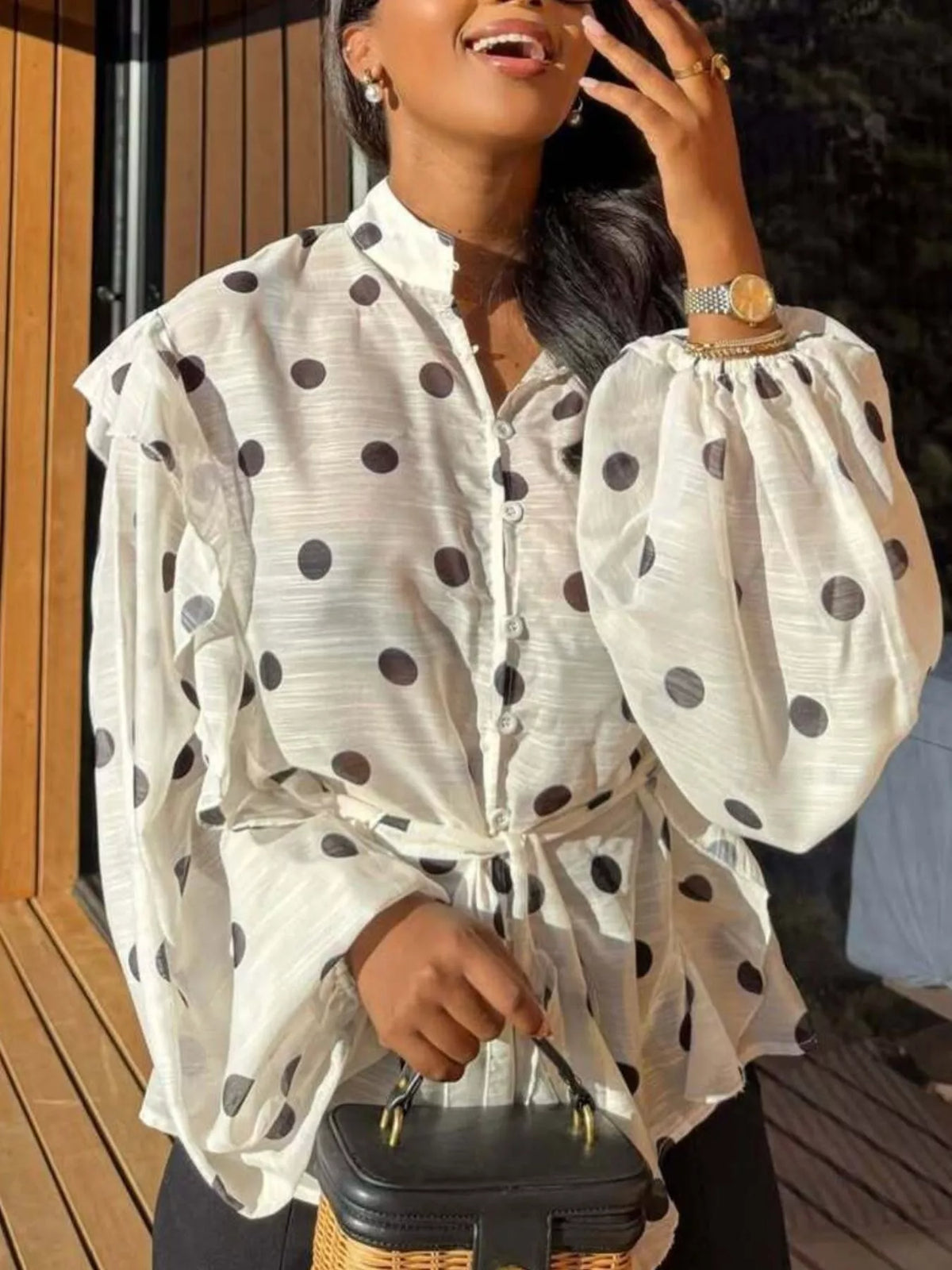 Collared long sleeve blouse, front view on model