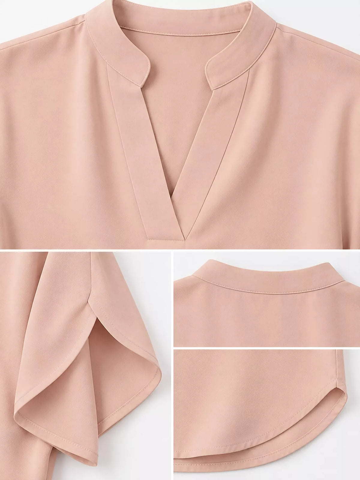 Women's Notched Slit Short Sleeve Blouse in peach — detail collage view
