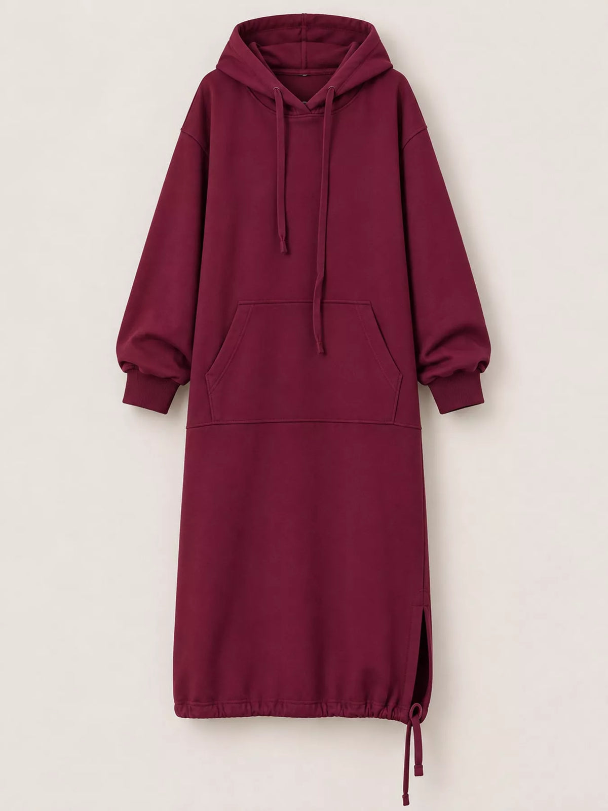 Burgundy hooded sweatshirt midi dress with drawstring hem, front view