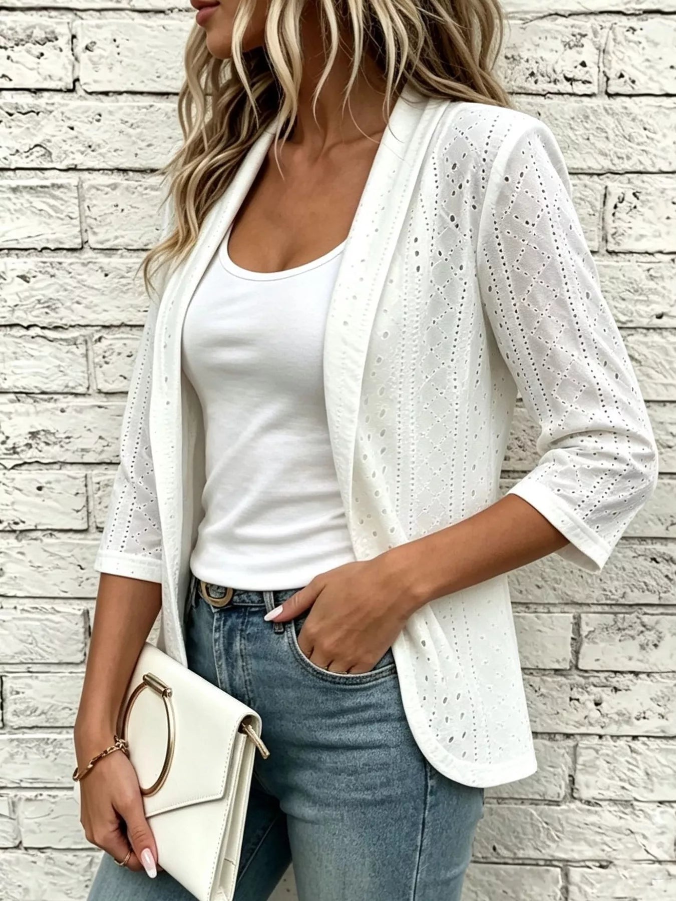 Trendsi Eyelet Open Front Cardigan -