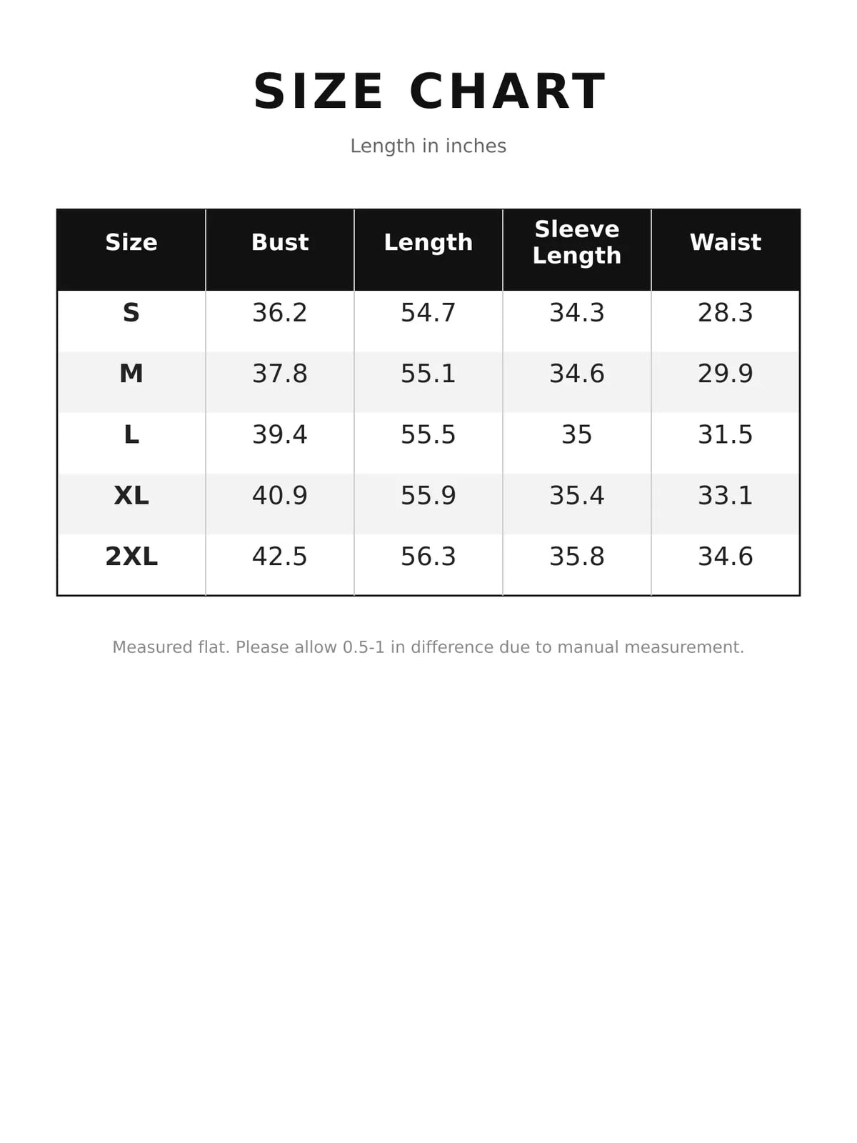 Round Neck Maxi Dress — size and measurement chart