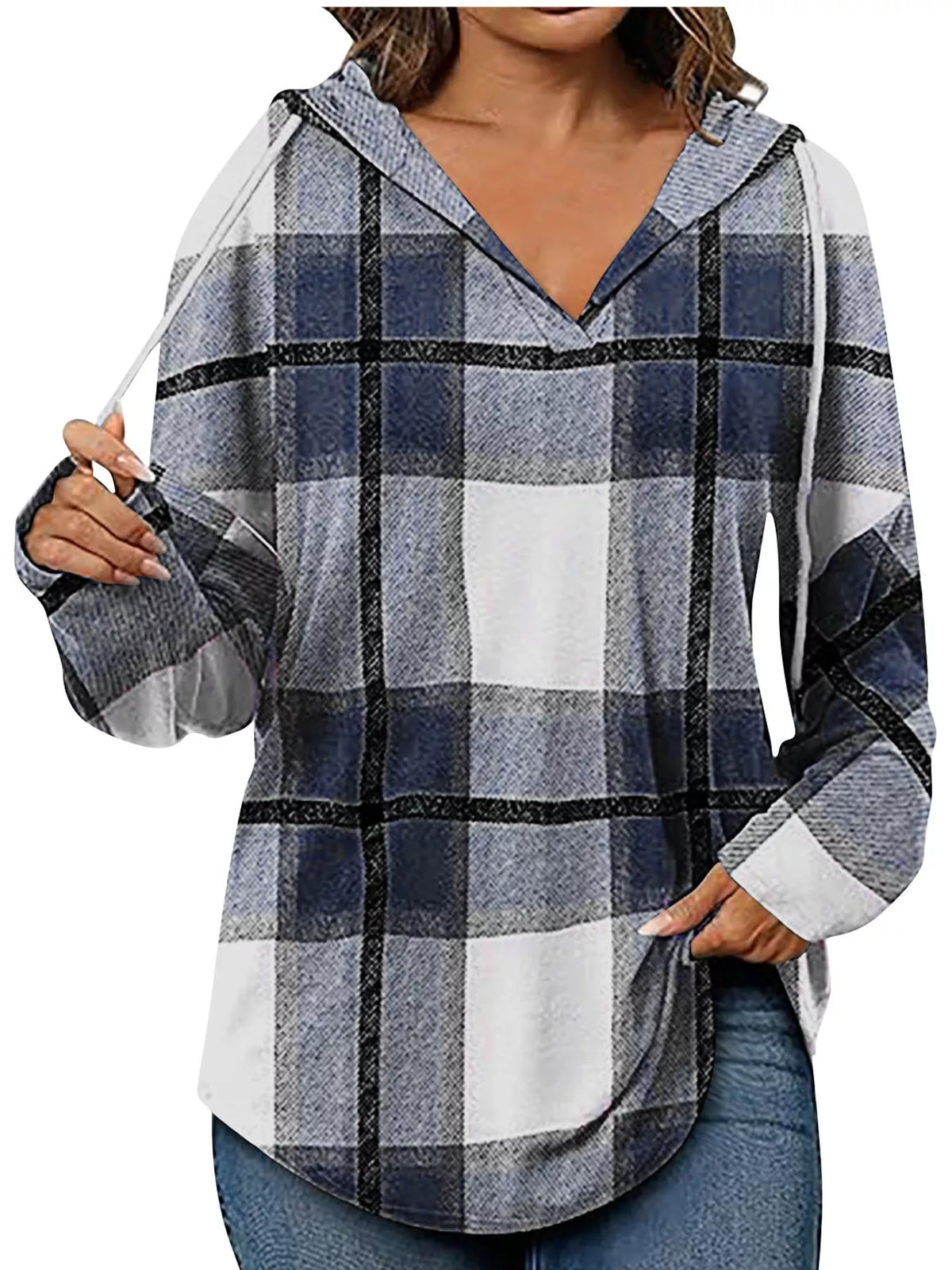 Navy plaid long sleeve hoodie with drawstring
