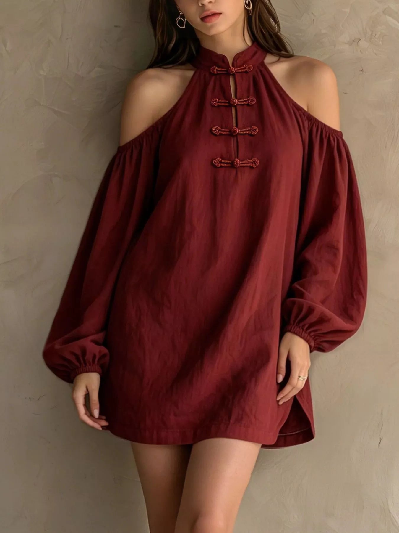 Trendsi Cold-Shoulder Balloon Sleeve Mini Dress -