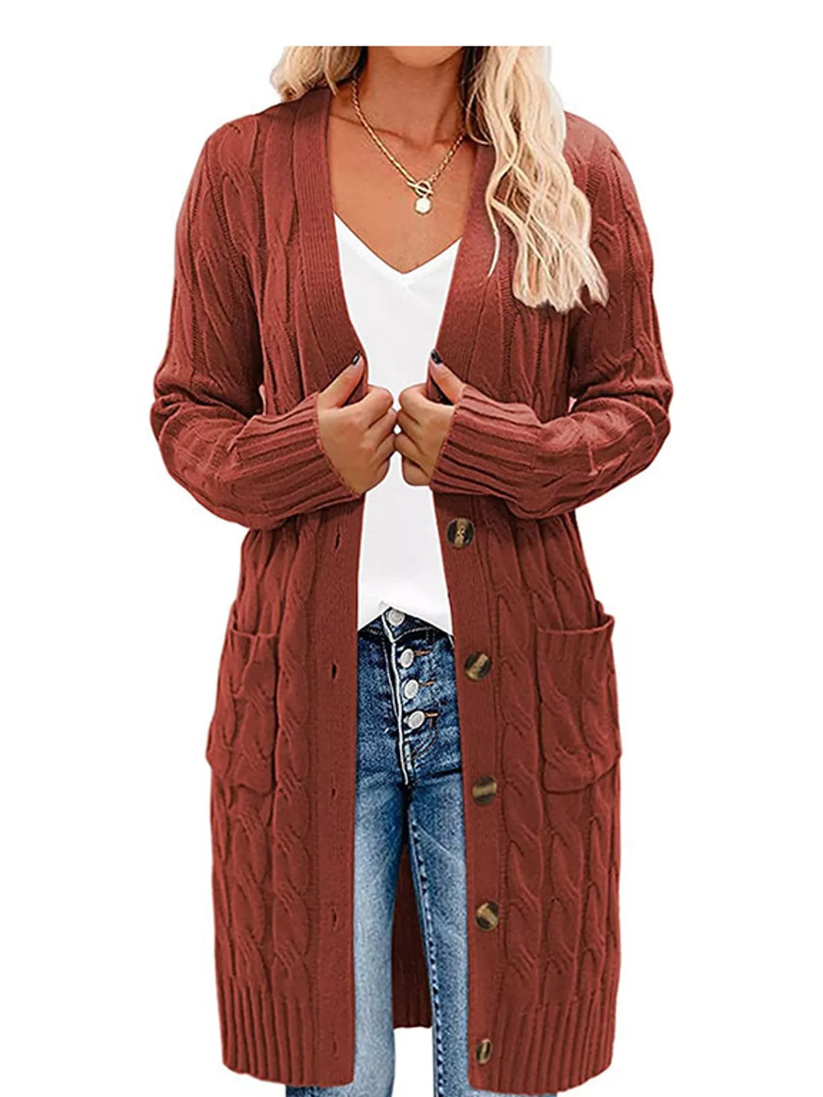 Cable Knit Button-Down Cardigan with Pockets — front view