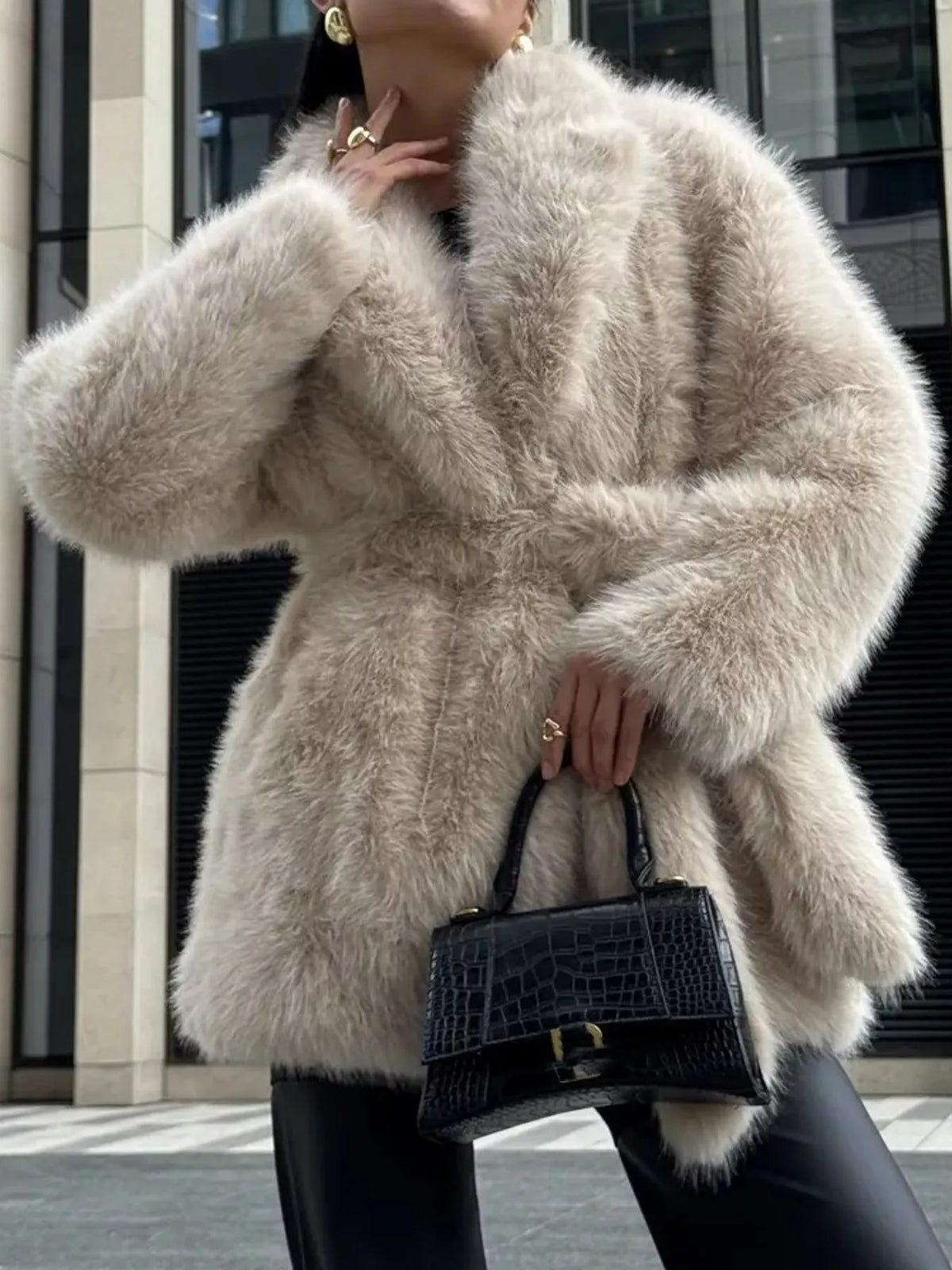 Faux Fur Belted Coat, detail view in cream