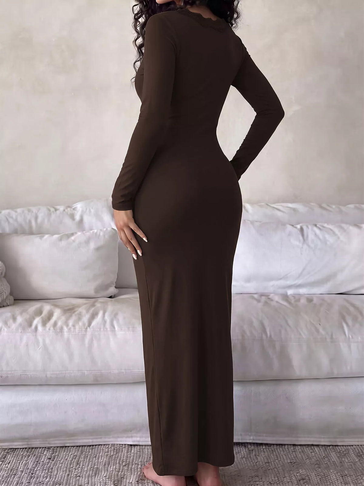 Scalloped Neck Long Sleeve Bodycon Maxi Dress, back view