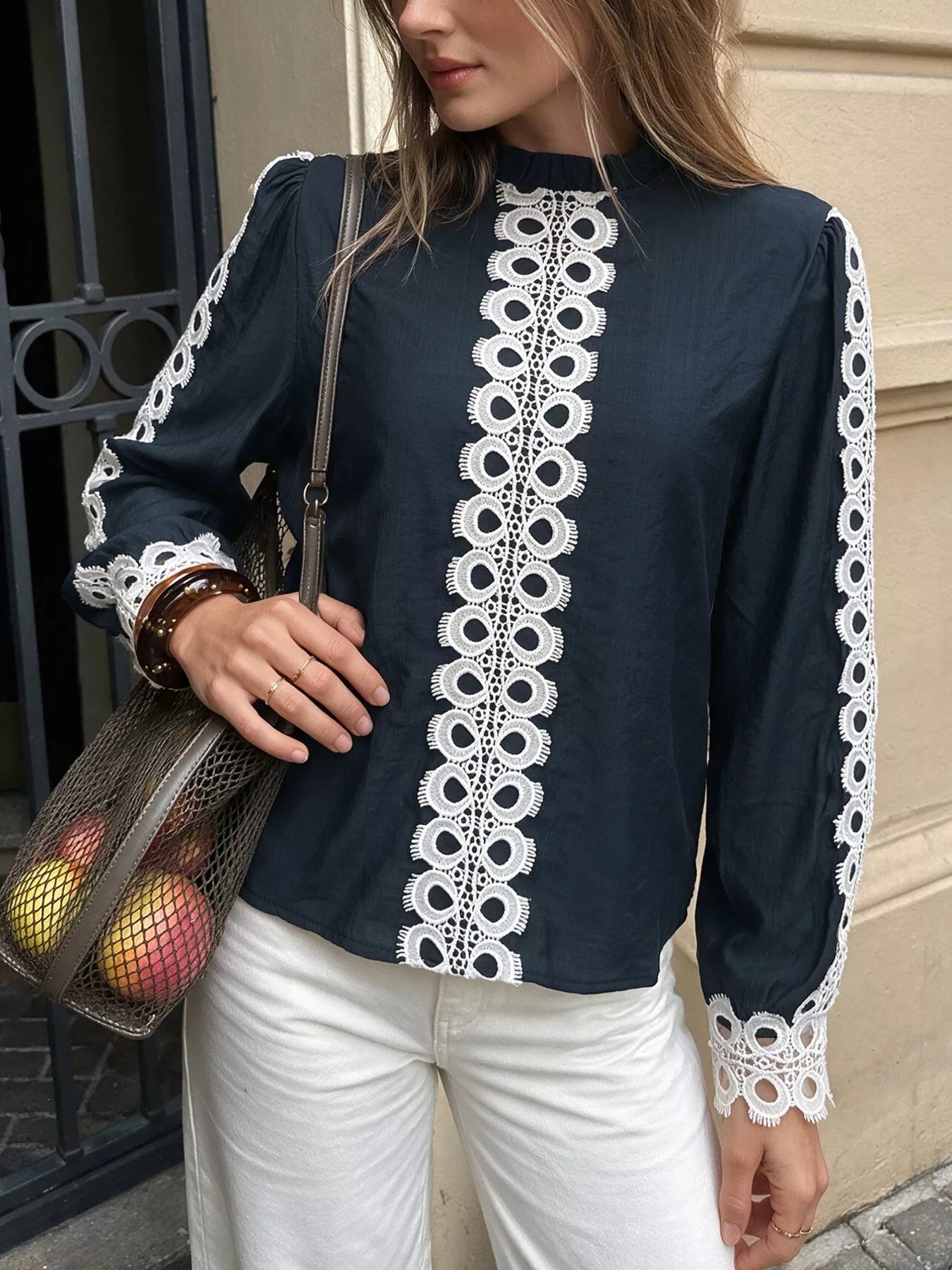 Trendsi Lace Trim Long Sleeves Blouse -