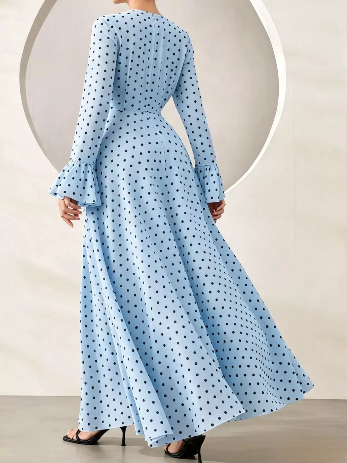 Polka Dot Long Sleeve Maxi Dress with Waist Tie, back view in light blue and black