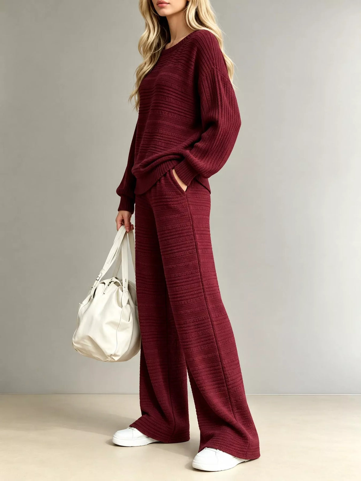 Ribbed Knit Top and Wide-Leg Pants Set — side view
