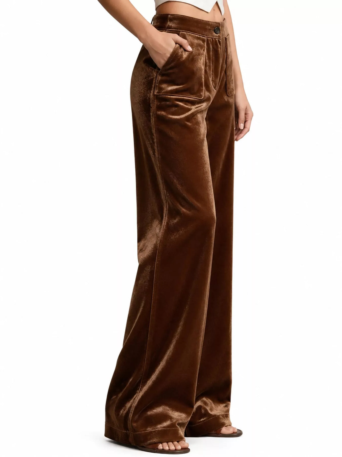 Brown high-waisted wide-leg velvet pocket pants