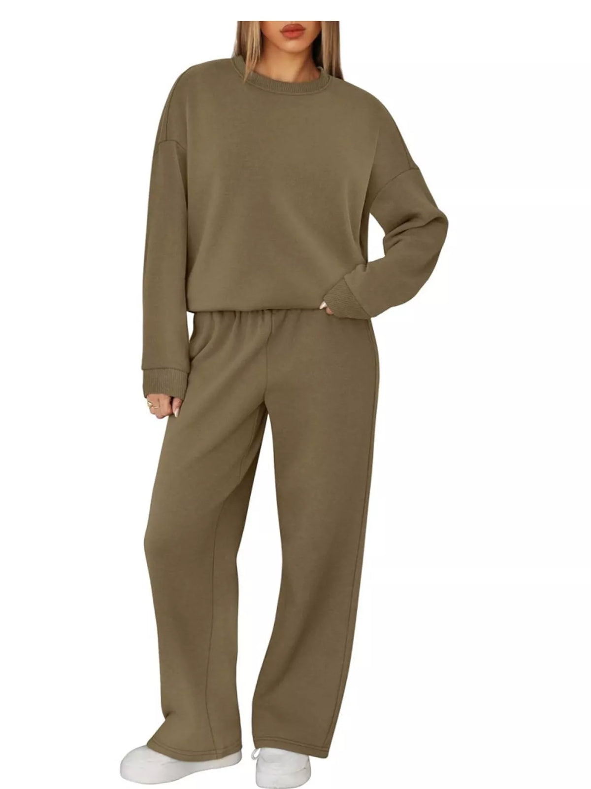 Crewneck Drop Shoulder Sweatshirt and Wide-Leg Pants Set — front view